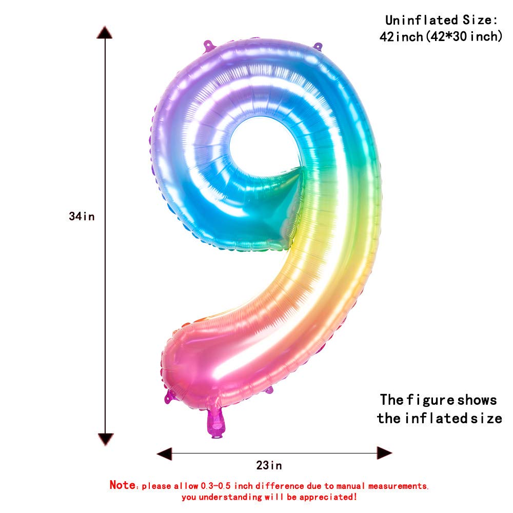 40 Inch Jelly Rainbow Number 9 Foil Balloon - Helium Mylar Birthday Party Decorations for Anniversary, Baby Shower & Gender Reveal Celebrations