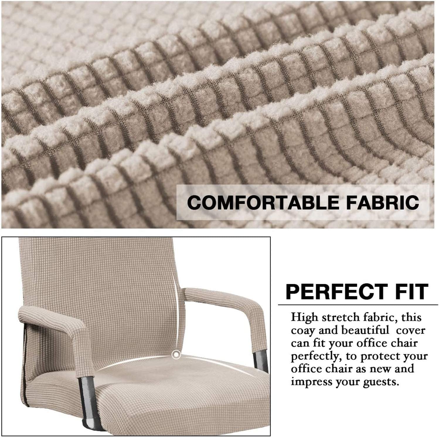 YYHSND Stretch Office Chair Cover - Universal Computer Chair Slipcover - High Back Contemporary Design - Thick Checked Jacquard Fabric with 2 Arm Covers (Sand, Medium) - Perfect for Home Office, Gaming Chair, and Workspace Decor