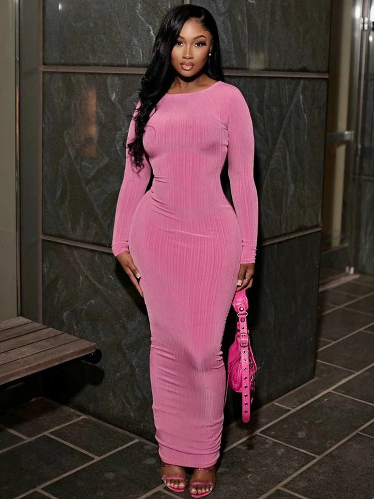 Y2K Autumn Long Sleeve Bodycon Maxi Dress for Women - Elegant O-Neck Solid Party Dress 2023 | Perfect for Club Nights, Streetwear Fashion & Formal Occasions