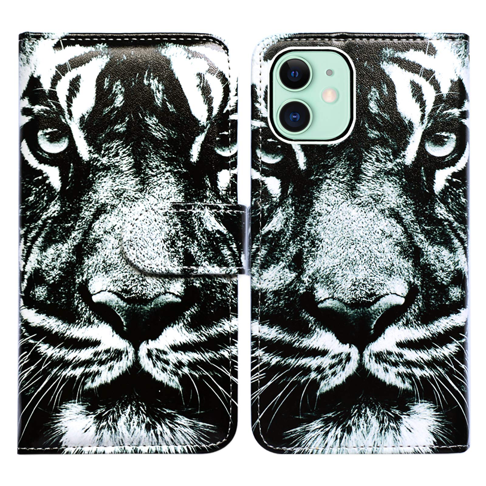 Premium Leather iPhone 12 Case & iPhone 12 Pro Case - Black Tiger Pattern Flip Wallet Cover with Card Slots & Kickstand | Stylish Protection for Daily Use, Travel & Business Meetings