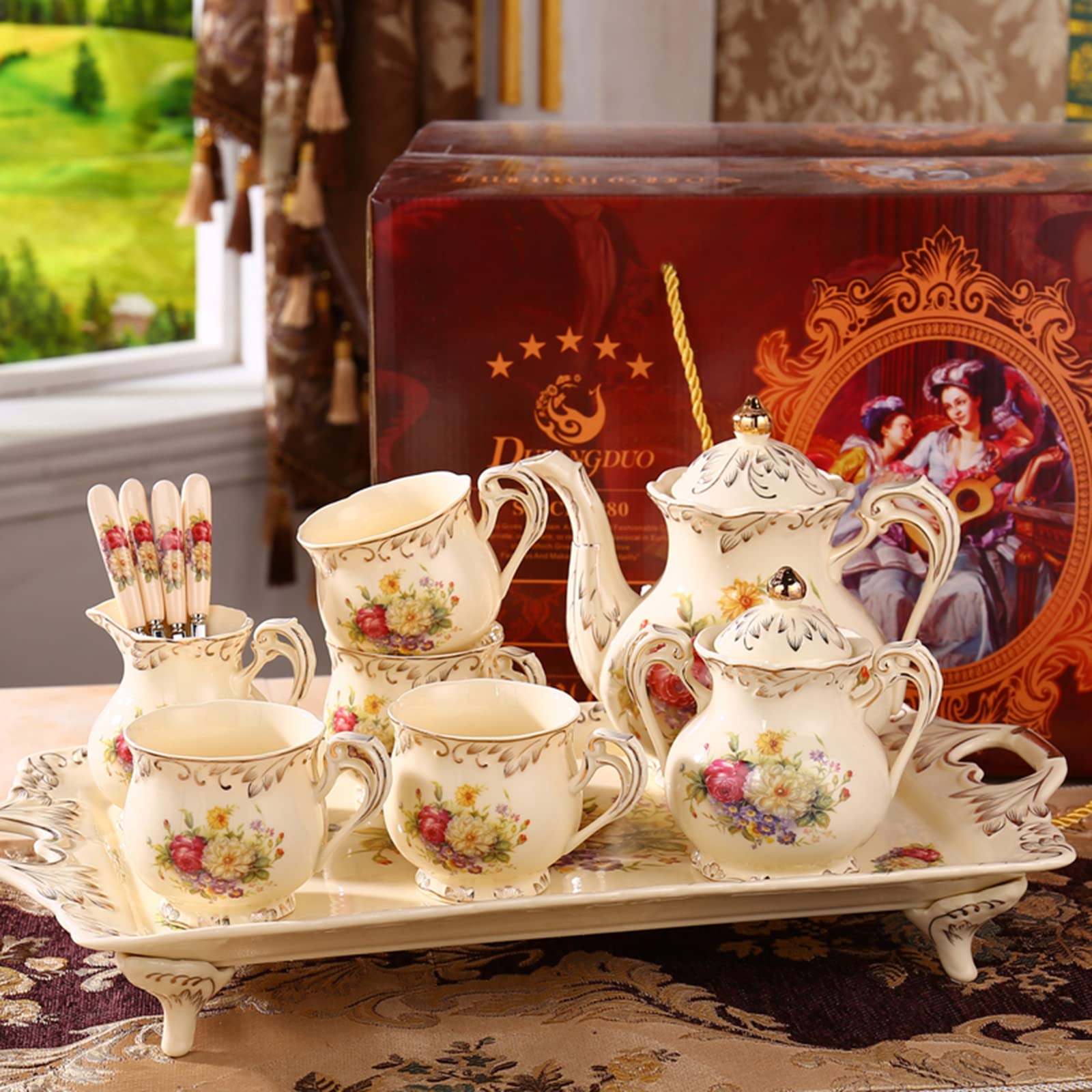 British Royal War Horse Tea Set - 8-Piece Porcelain Coffee & Tea Service with Teapot, Saucers, Sugar Bowl, Milk Jug & Teaspoons in Gift Box | Elegant Peony Design China Ceramic | Perfect for Afternoon Tea, Bridal Showers & Royal-Themed Parties