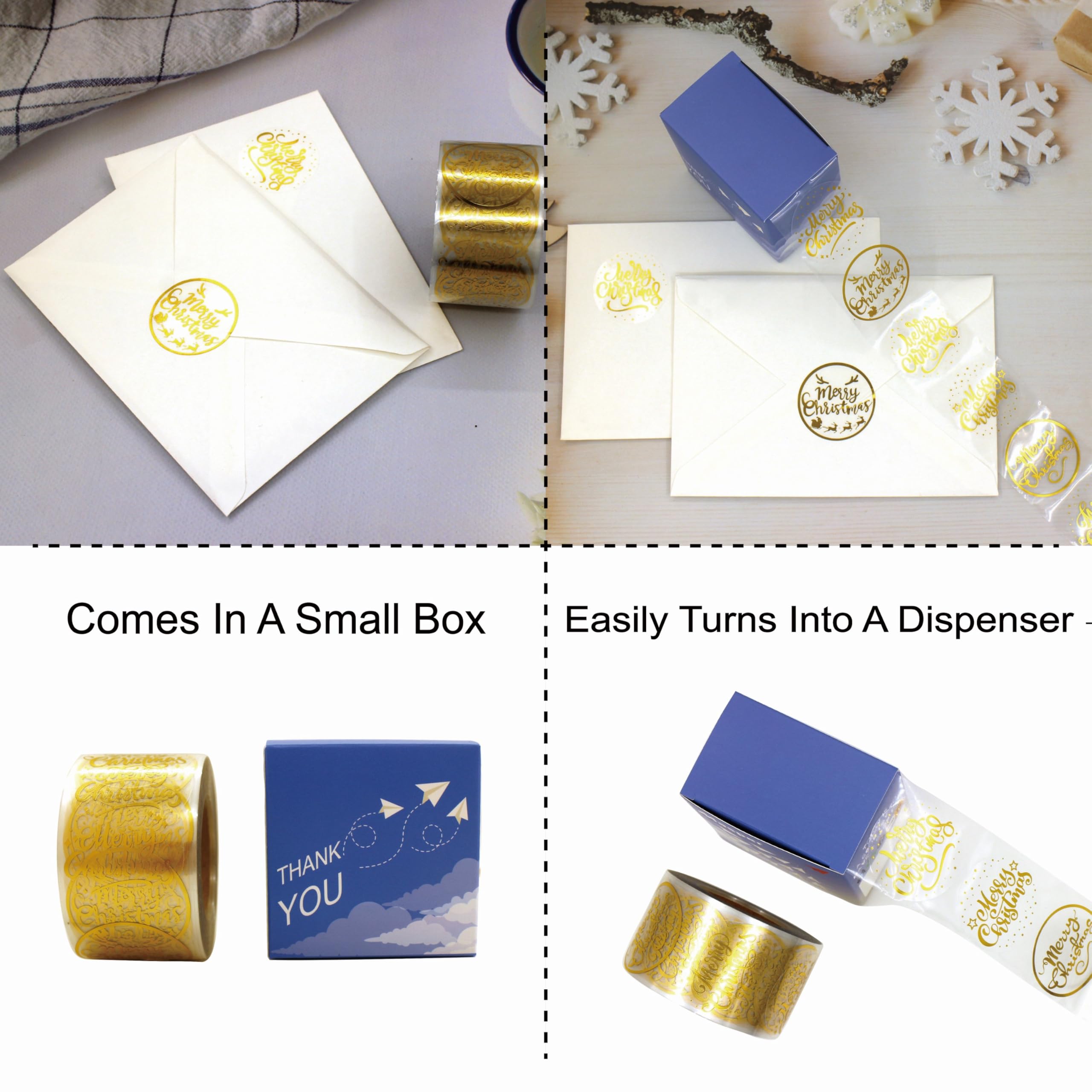 600 Gold Foil Merry Christmas Stickers - 1.5 Inch Clear Holiday Stickers for Cards, Envelopes, Gifts, Bags & DIY Crafts - Perfect for Christmas Decorations, Party Favors & Winter Holiday Scrapbooking