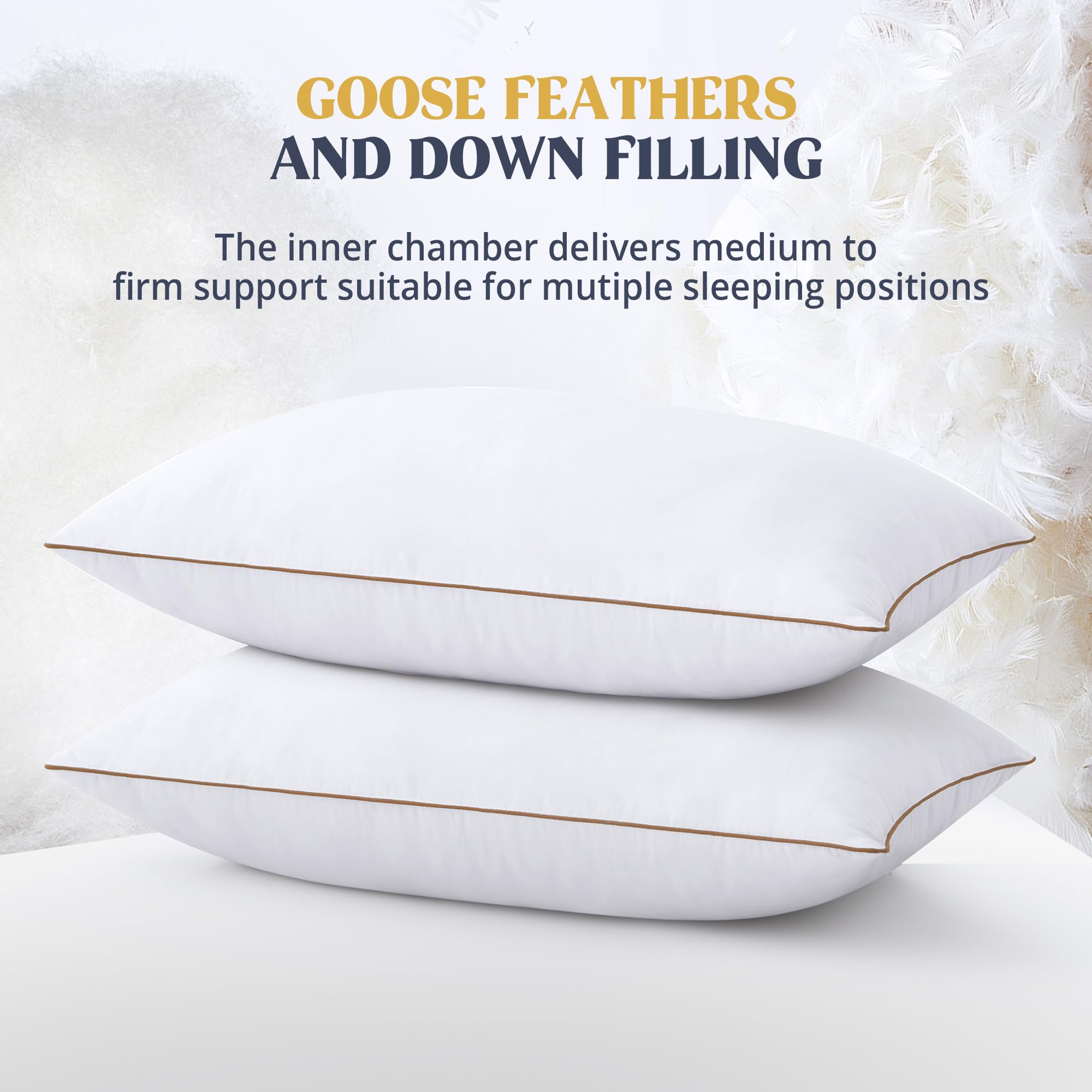 Puredown® Goose Feather & Down Pillows - 2 Pack King Size (20x36 Inches) - 100% Cotton Cover - Soft & Supportive for Side, Back & Stomach Sleepers - Perfect for Bedroom, Guest Room & Hotel Use