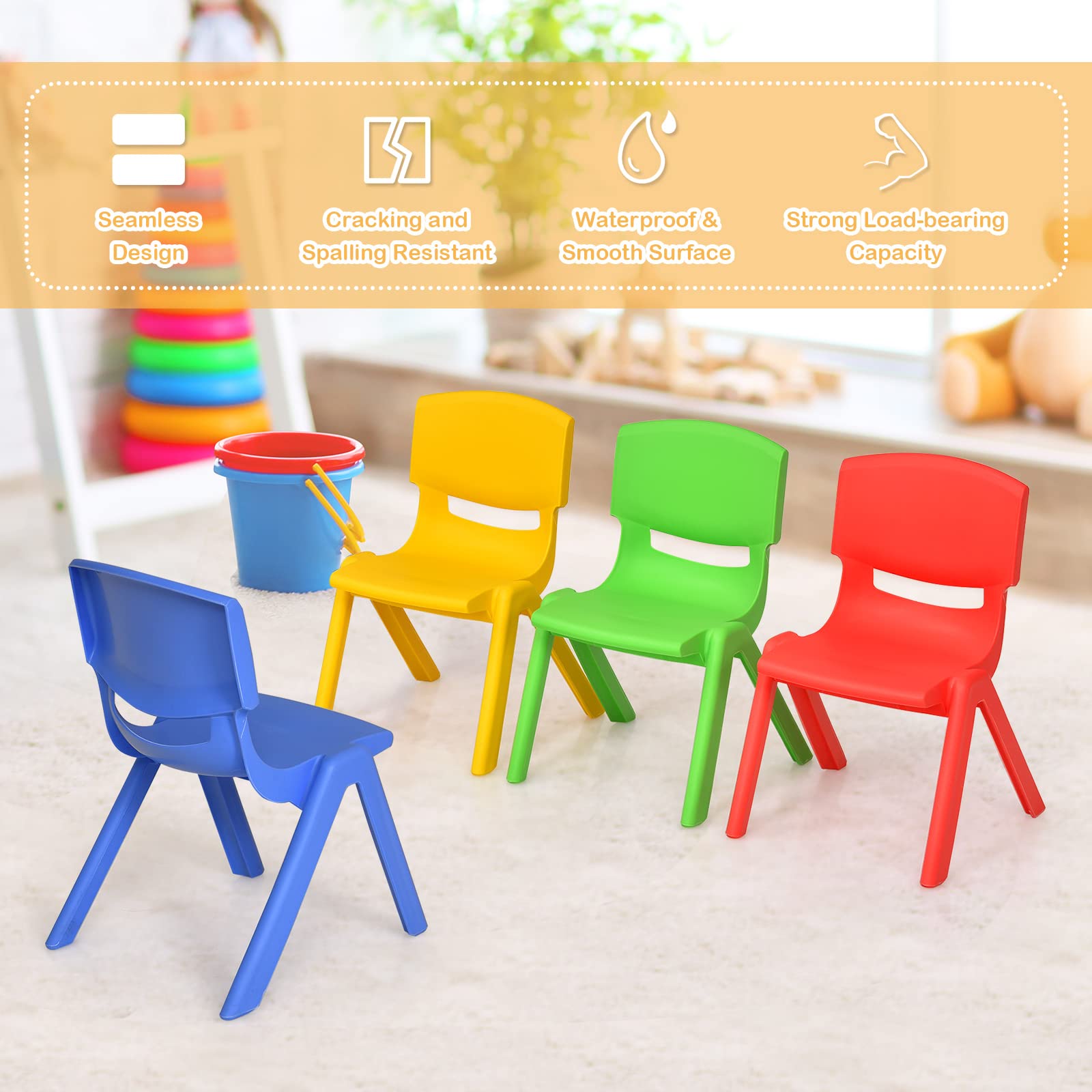 KOTEK Kids Plastic Table and Chair Set - 4 Stackable Chairs with Green Activity Table, Colorful Playroom Furniture for Learning & Fun | Perfect for Preschool, Daycare & Home Play Areas