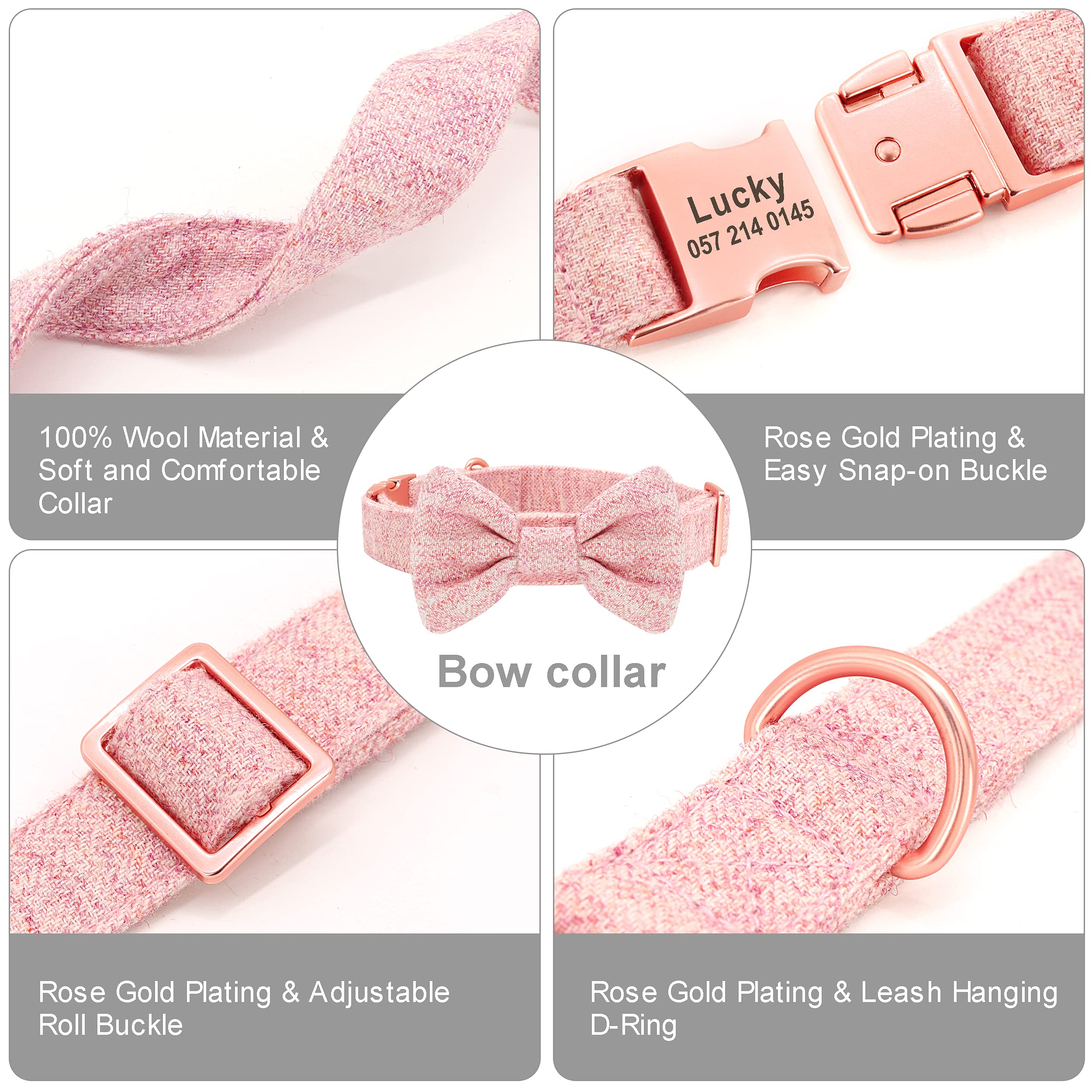 PET ARTIST Personalized Dog Collar with Detachable Bowtie - Soft & Comfortable Cute Dog Collar & Leash Set with Rose Gold Buckle - Adjustable Bowtie Collars for Small, Medium & Large Dogs (Pink) - Perfect for Daily Walks, Pet Parties & Photo Shoots
