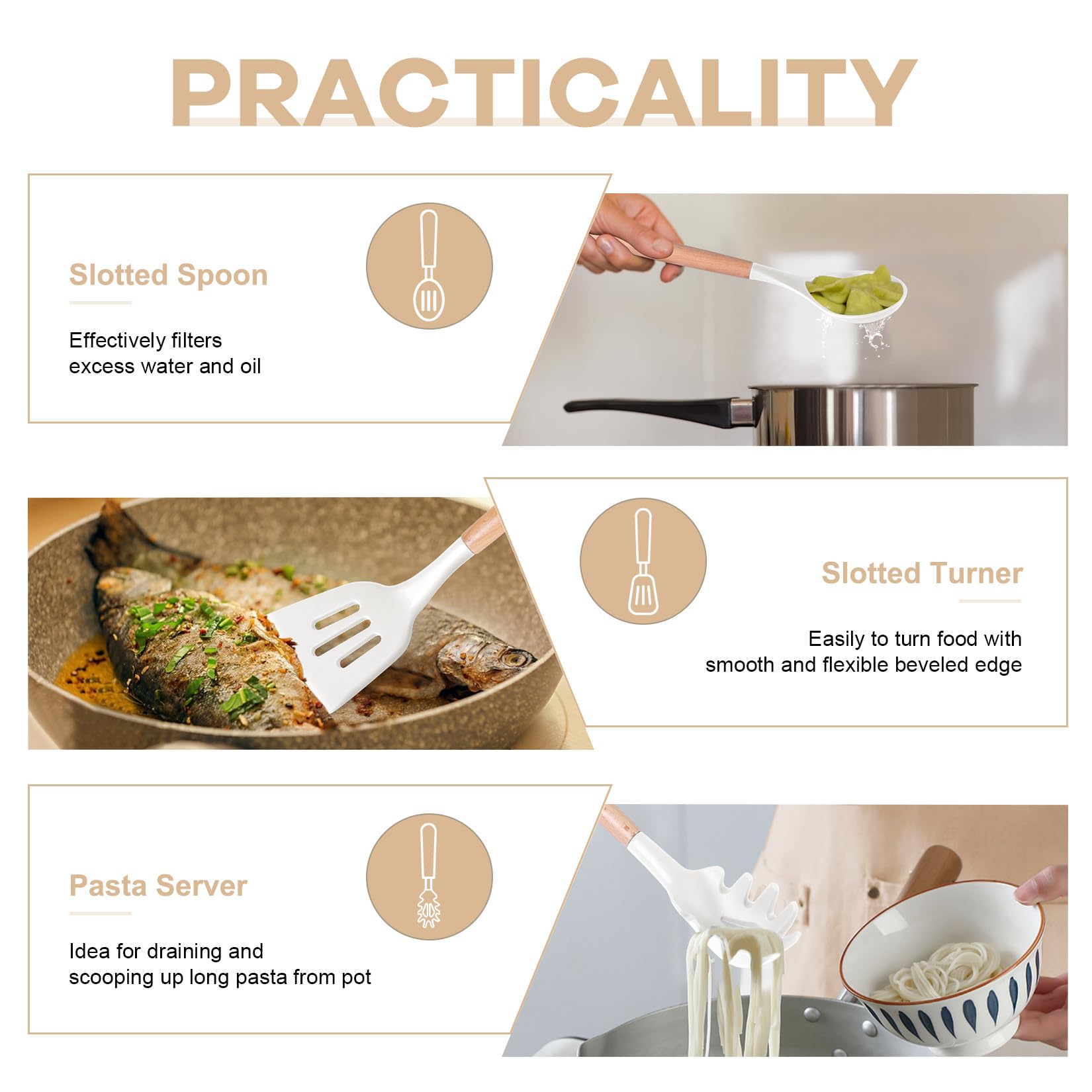 P&P CHEF 6-Piece Silicone Cooking Utensil Set with Wooden Handle - Heat Resistant Spatula, Spoon & Turner for Nonstick Cookware - Dishwasher Safe & Non-Toxic Kitchen Tools - Perfect for Baking, Frying & Everyday Cooking