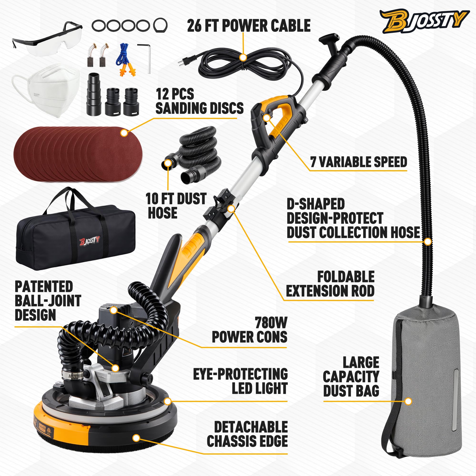 High Power 7-AMP Electric Drywall Sander with Vacuum Dust Collector - 99% Dust Removal, 7 Variable Speed 900-1800RPM - Dustless Wall Sander for Drywall, Popcorn Ceiling & Home Renovation Projects - Perfect for DIY Home Improvement and Professional Construction Work