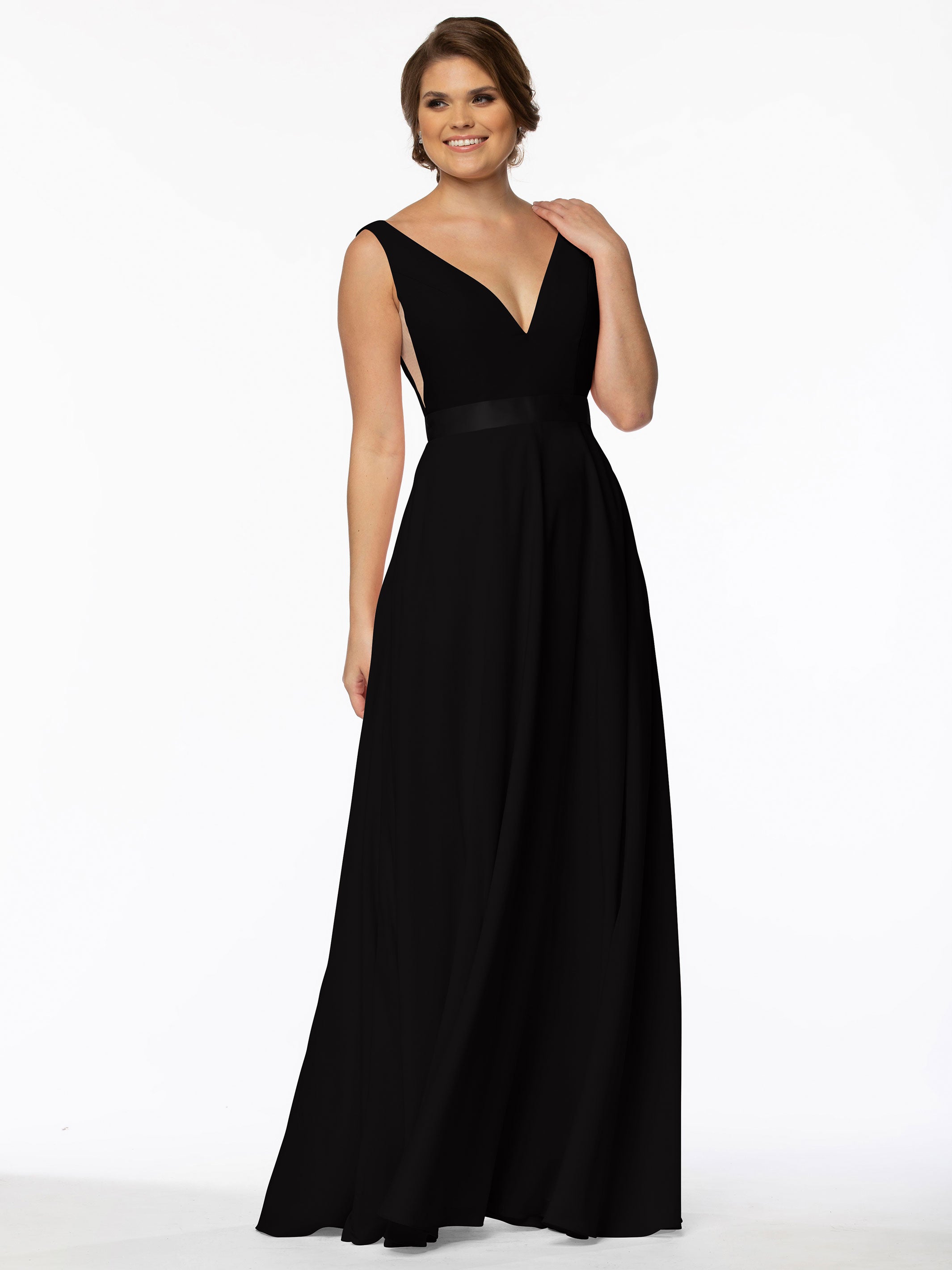 Elegant 80117 Stretch Chiffon A-Line Bridesmaid Dress with V-Neck & Sash - Perfect for Weddings, Formal Events & Special Occasions