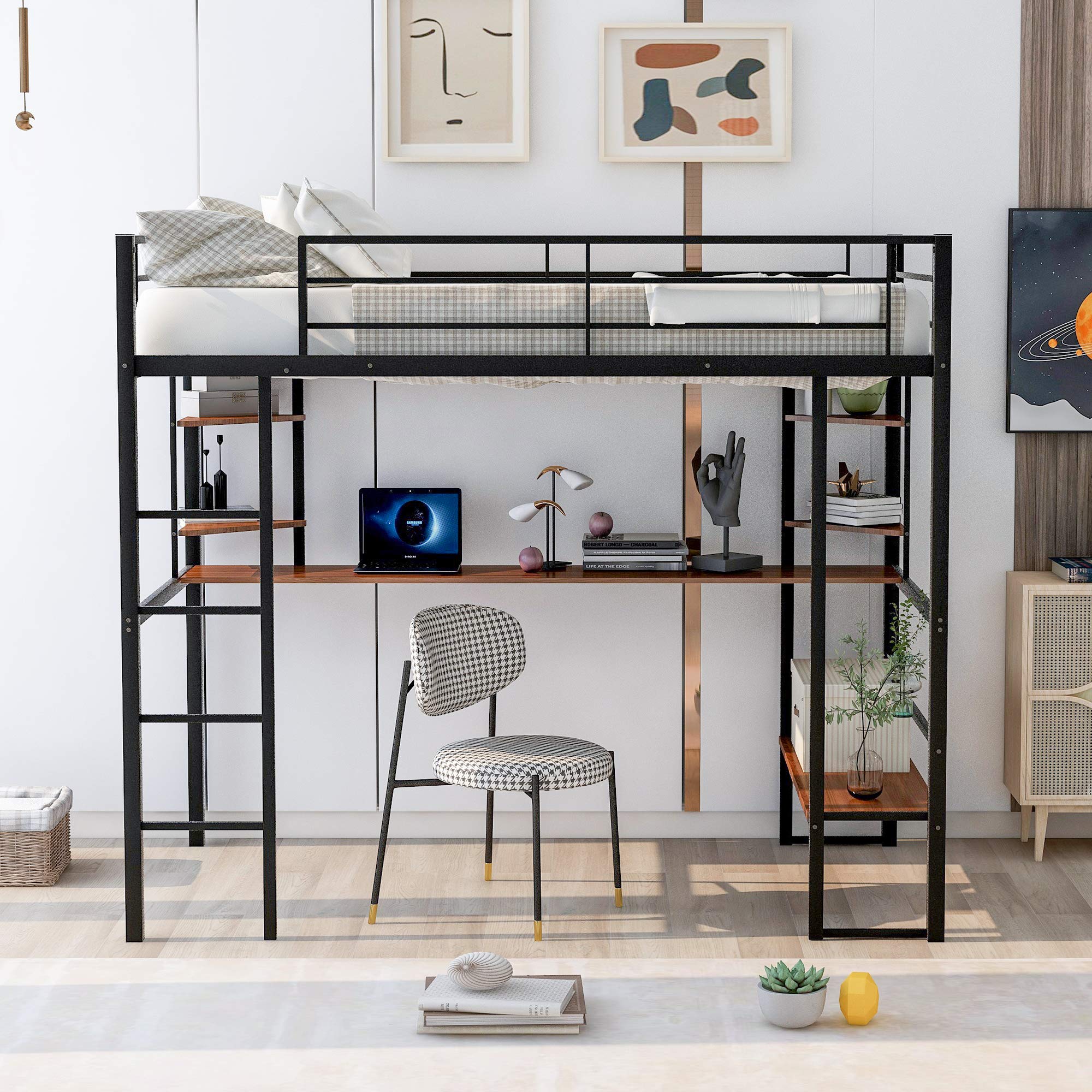 Twin Size Loft Bed with Long Desk & Shelves - Sturdy Metal & MDF Frame, Built-in Ladder & Safety Guardrails - Industrial Style Space-Saving Bed for Small Rooms, Dorms, Apartments - Brown (Twin Size + Long Desk) - Perfect for Kids, Teens & College Students