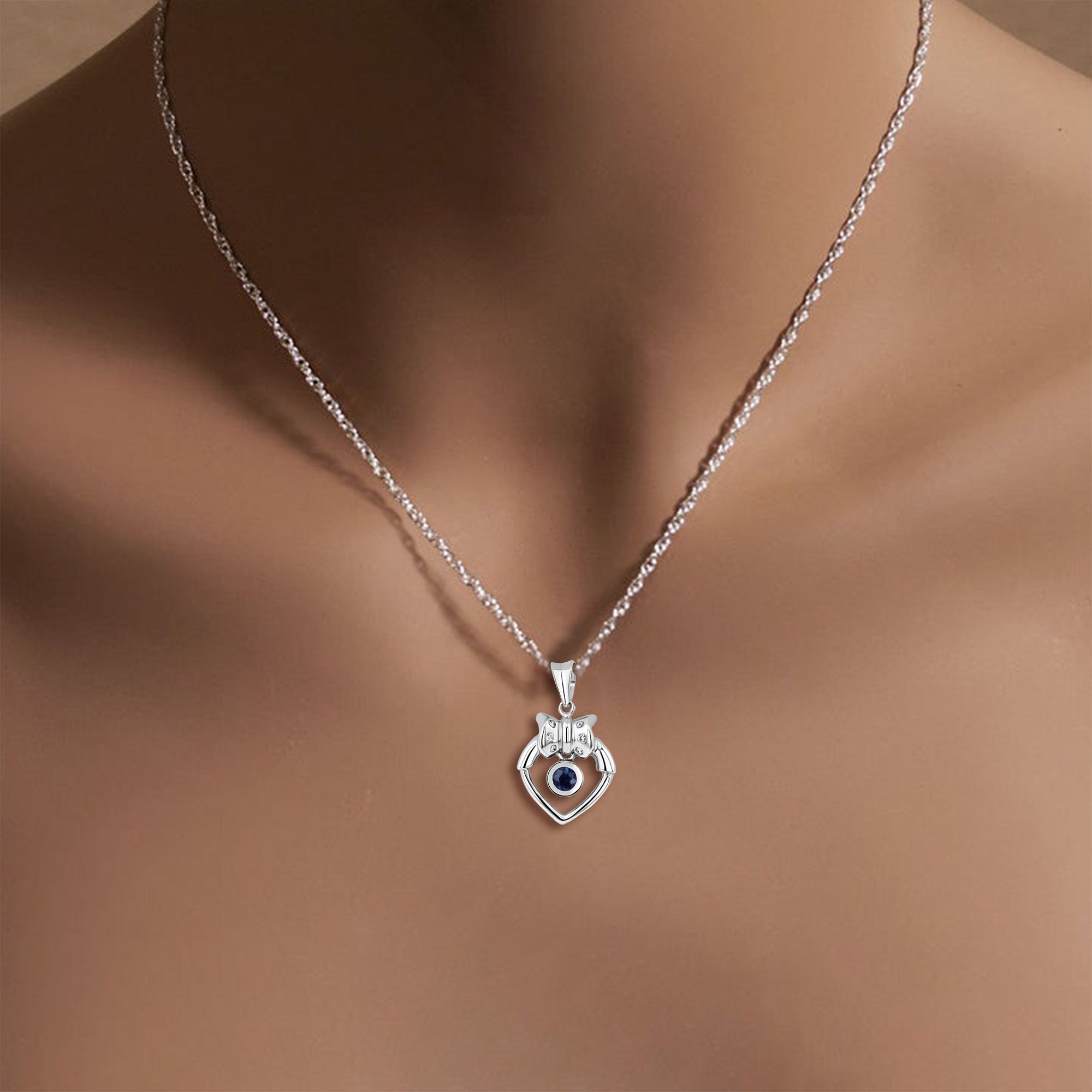 14K White Gold Heart Shaped Necklace with Genuine Sapphire Center & Elegant Bow Accent - Perfect for Valentine's Day Gifts, Anniversary Presents & Romantic Occasions