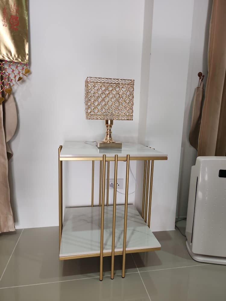 Wisfor Sintered Stone End Table - 2 Tier Square White Sofa Side Table with Golden Frame - Modern Small Coffee Table & Bedside Nightstand for Living Room, Bedroom - Perfect for Coffee, Books & Decor Display