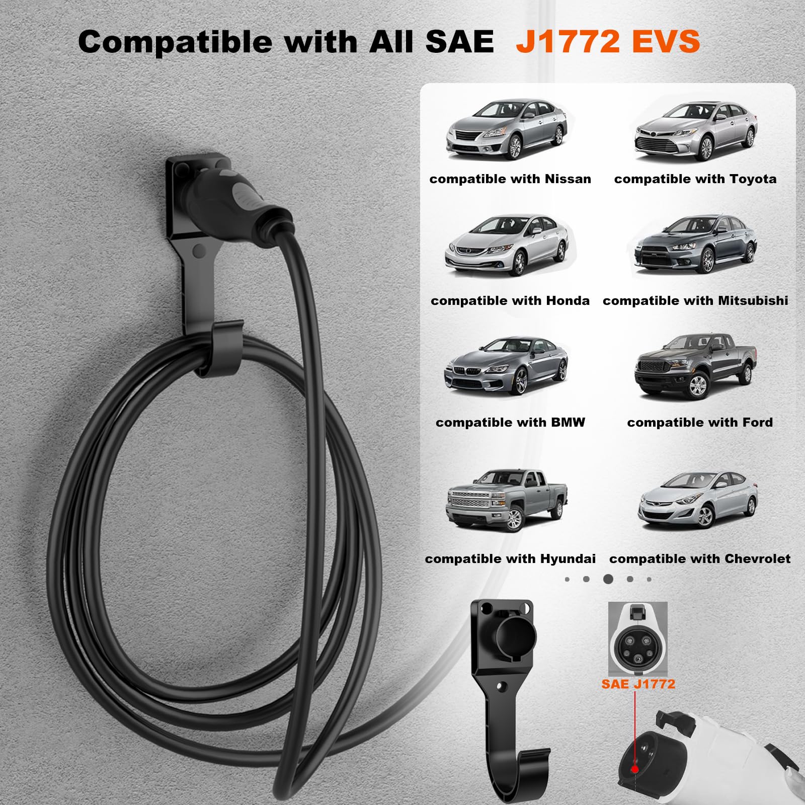 SAE J1772 EV Charger Holder - Wall Mount Electric Vehicle Charger Holster with Hook & Dust Caps (Includes 3 Screws, 3 Wall Anchors) - Perfect for Home & Public Charging Stations