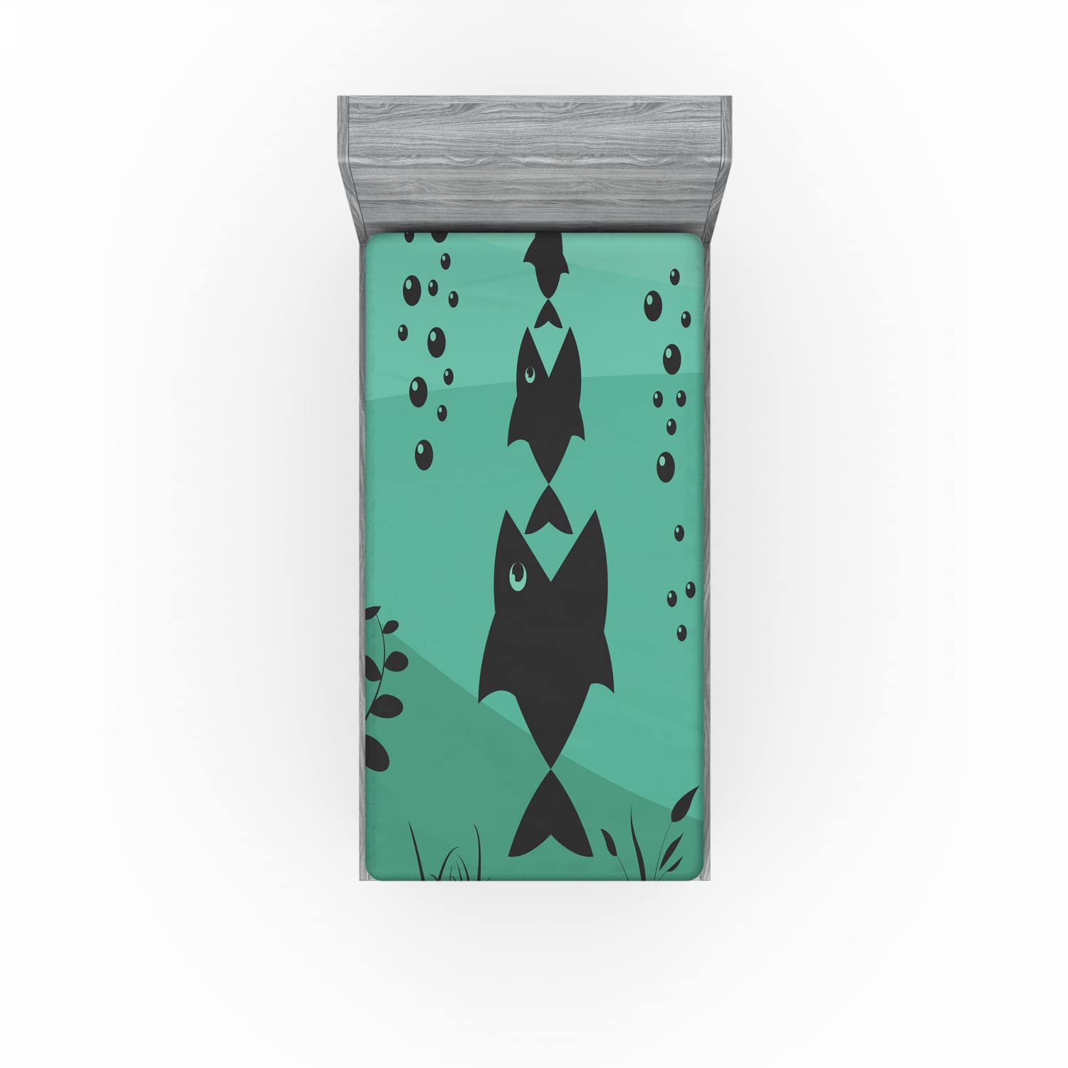 Ambesonne Fishing Fitted Sheet - Twin Size, Underwater Ocean Theme with Big Fish Design, Deep Pocket Elastic Bed Cover in Teal Grey | Perfect for Kids' Rooms, Beach Houses & Fishing Enthusiasts