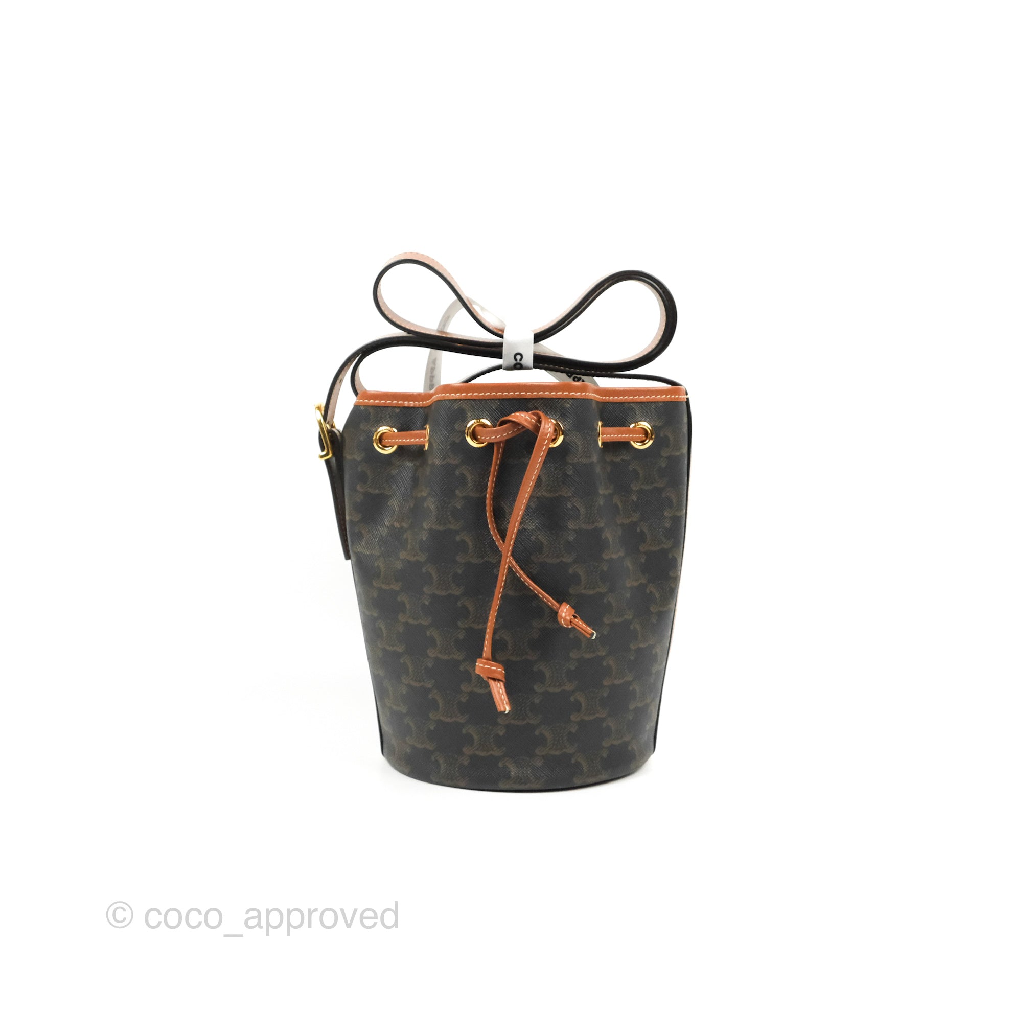 Celine Small Drawstring Bucket Bag in Triomphe Canvas & Tan Calfskin Leather - Perfect for Everyday Use, Travel & Casual Outings