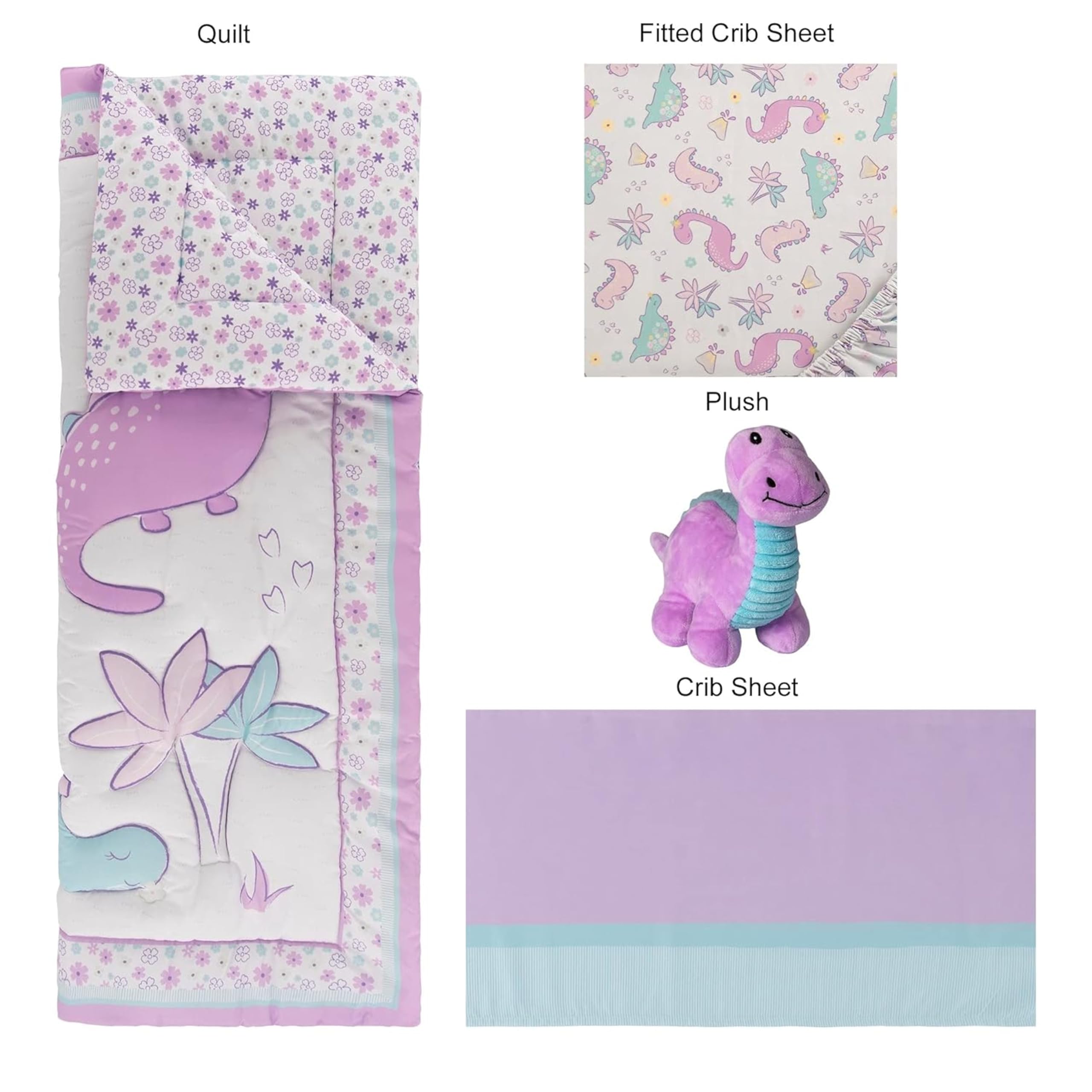 Sammy & Lou Tiny Dinos 4-Piece Baby Crib Bedding Set - Soft Quilt, Fitted Sheet, Crib Skirt & Plush Dinosaur Toy | Adorable Dinosaur Nursery Decor for Boys & Girls | Perfect for Newborns, Infants & Toddlers