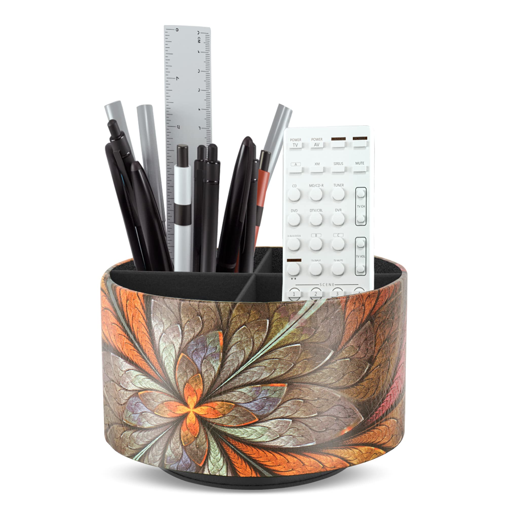 360° Rotating Round Leather Desk Organizer - Multi-Functional Pencil Holder with 4 Compartments for Art Supplies, Remote Controls & Stationery (Orange Flower Pattern) | Perfect for Home Office, Study Desk & Craft Room Organization