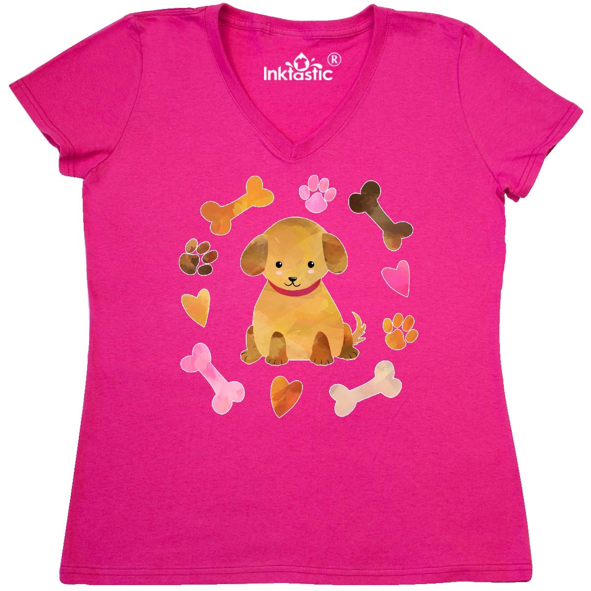 Inktastic Cute Puppy Valentine with Hearts and Bones Women's V-Neck T-Shirt - Perfect for Valentine's Day Gifts, Casual Wear & Dog Lovers Outfits