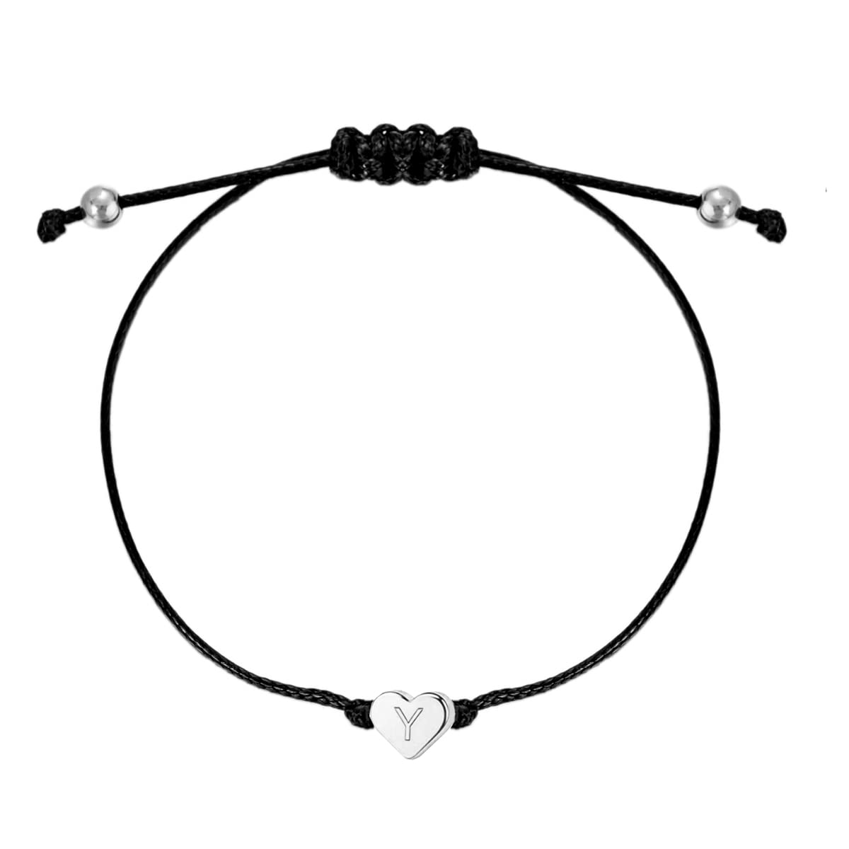 14K White Gold Plated Initial Heart Black String Bracelet for Women & Men - Handmade Stainless Steel Charm Couple Bracelet - Valentine's Gift, Anniversary Present, Everyday Wear Jewelry