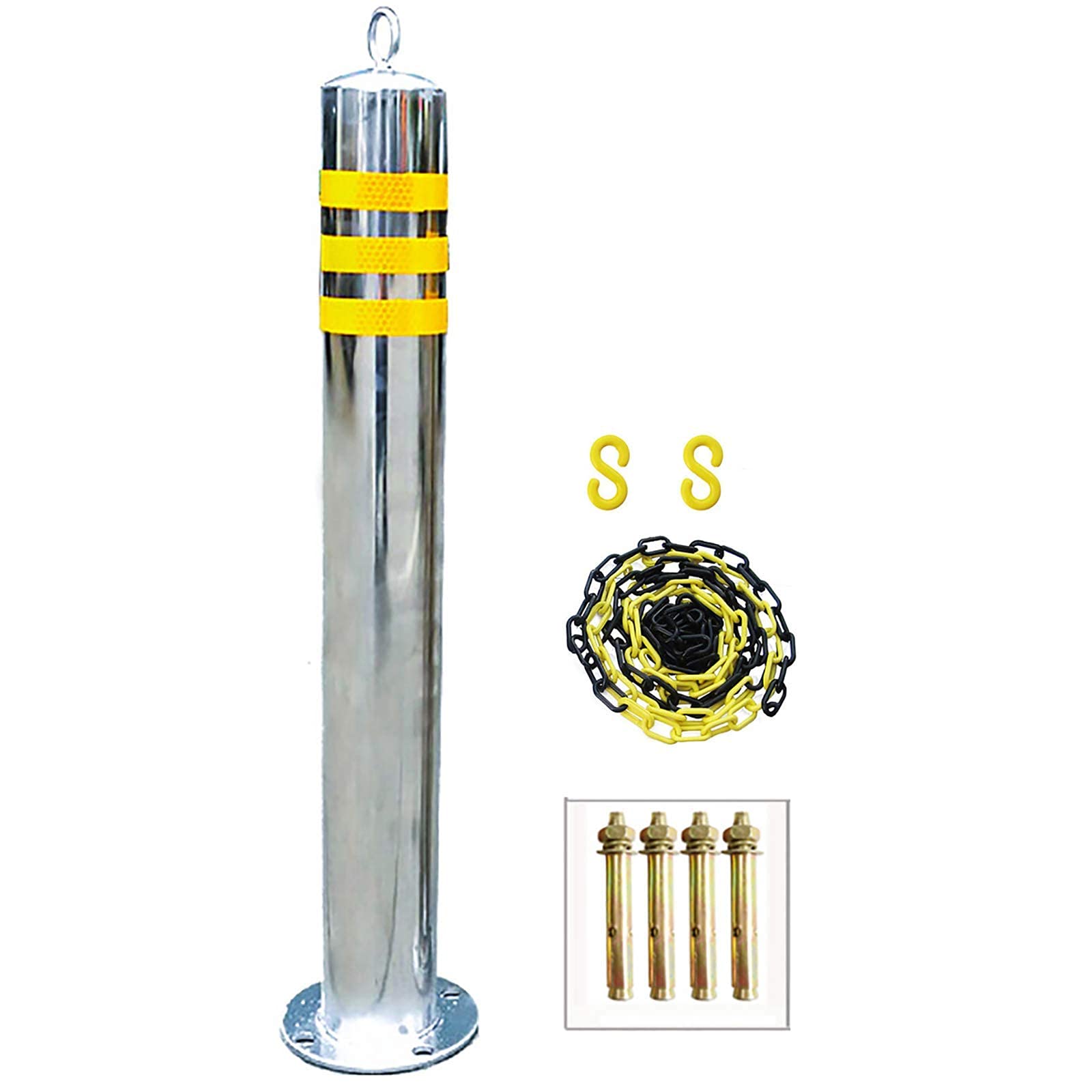 5m Stainless Steel Parking Post & Barrier Chain Set with Reflective Tape - Heavy Duty Plastic Safety Chain, Hanging Rings for Easy Installation | Perfect for Driveways, Construction Sites & Event Crowd Control