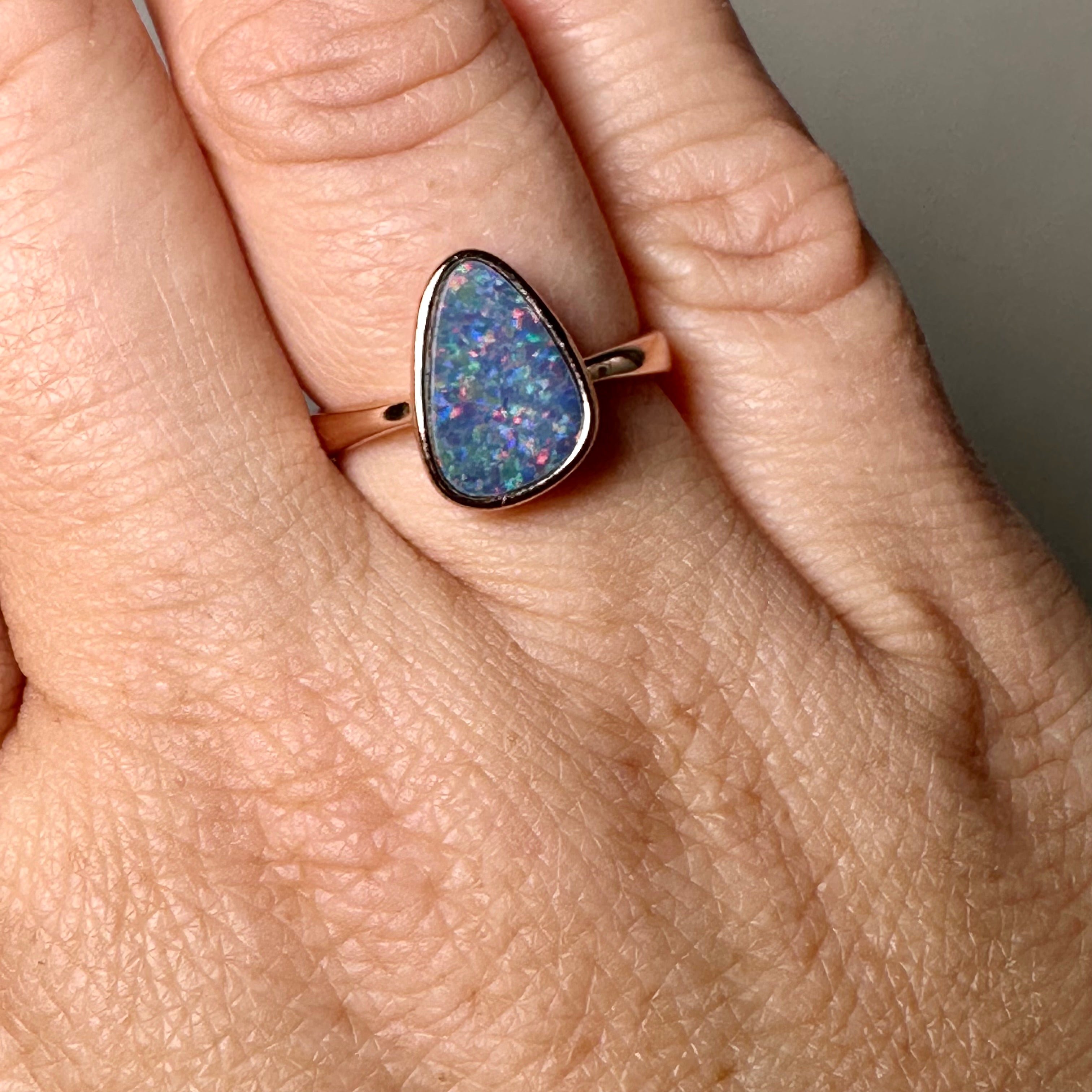 Opal Doublet Coober Pedy Freeform Cabochon Rose Gold Plated Ring Size 6.75 - Australian Opal Jewelry for Women, Elegant Gift for Birthday, Anniversary & Special Occasions