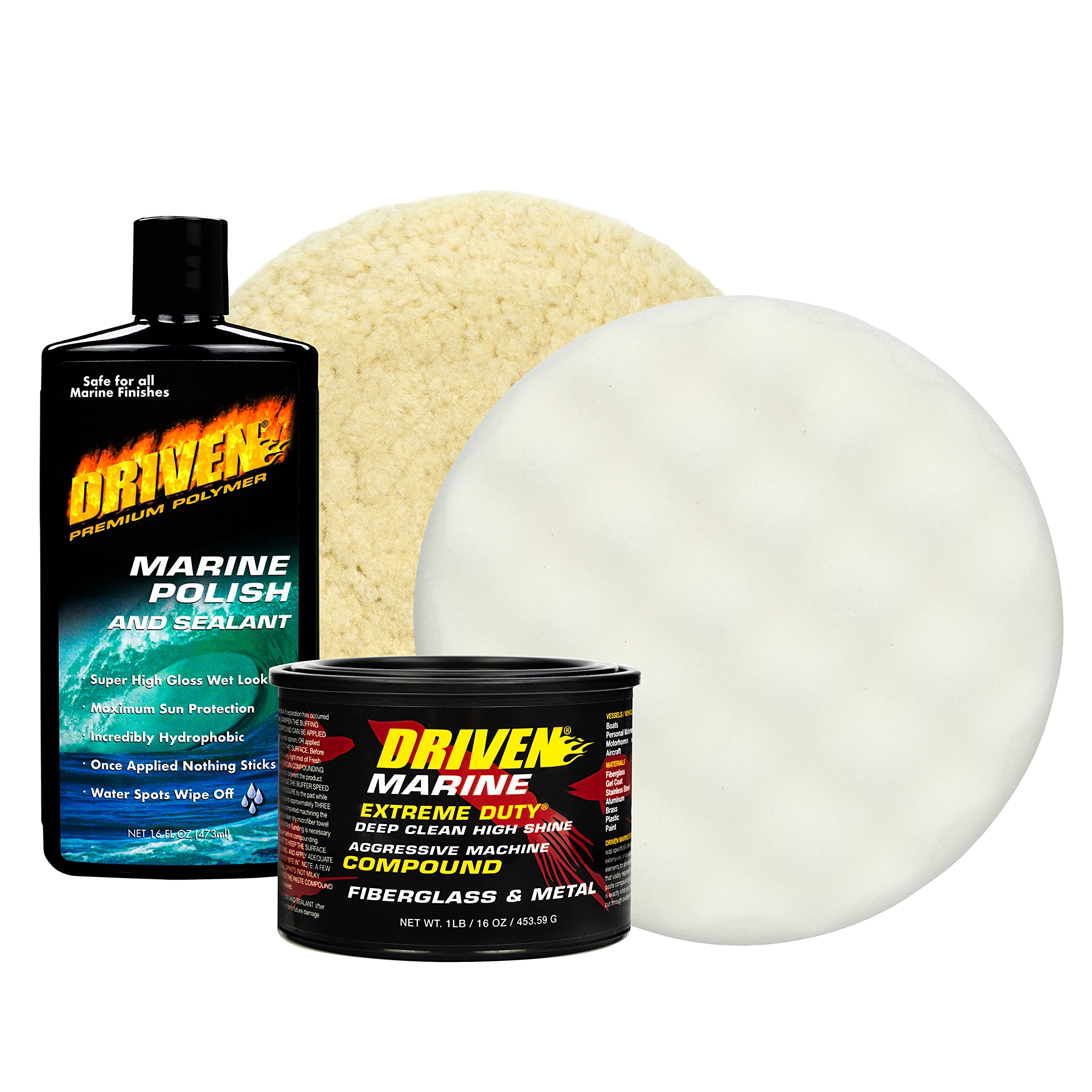 DRIVEN Marine Polish & Machine Paste Compound Kit with 100% Twisted Wool Pad & White Foam Pad - Boat, RV & Auto Detailing & Restoration