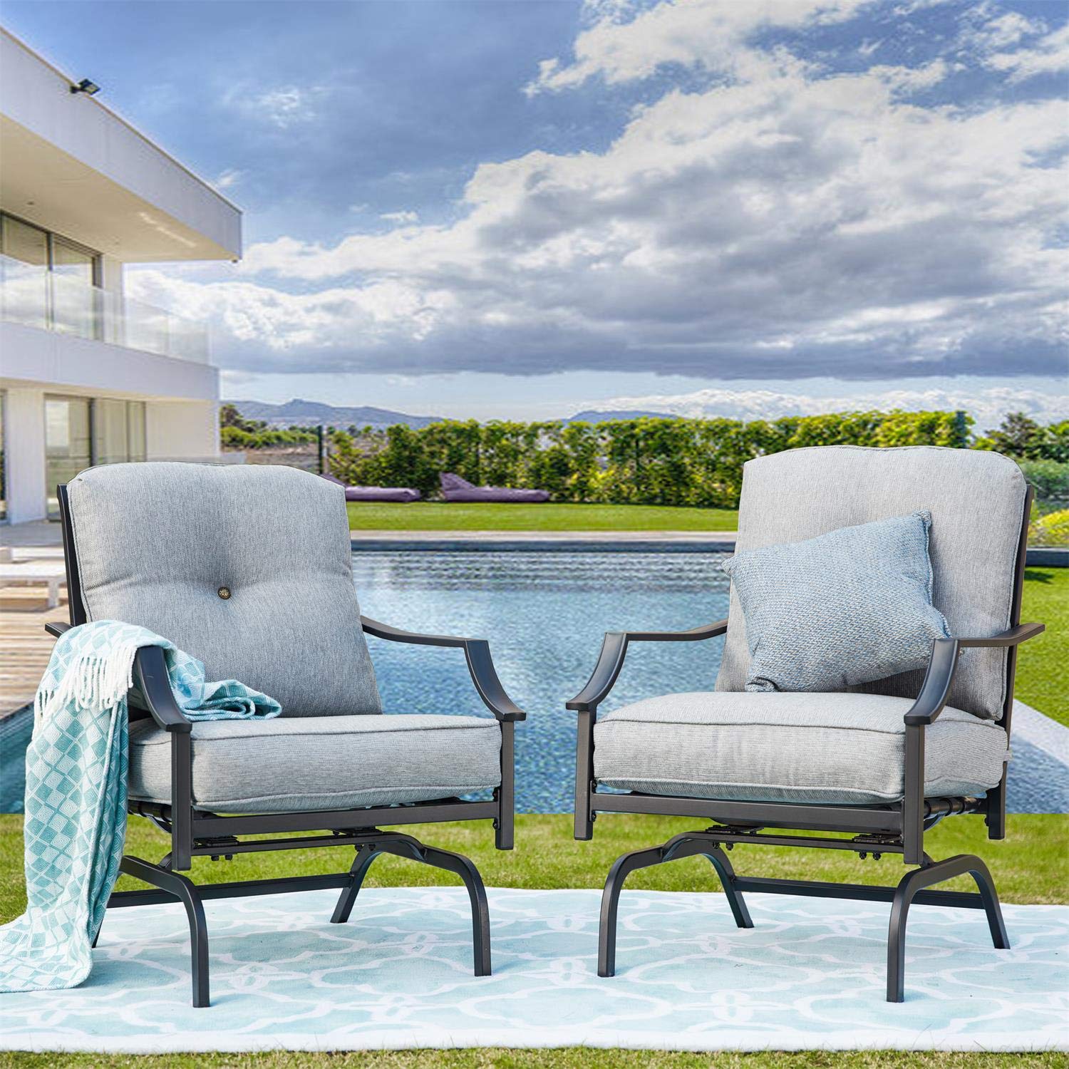 Premium Black Metal Rocking Patio Chairs with Padded Cushion - Outdoor Spring Motion Dining Set for Porch, Garden & Balcony | Durable Bistro Furniture for Relaxing & Entertaining Guests