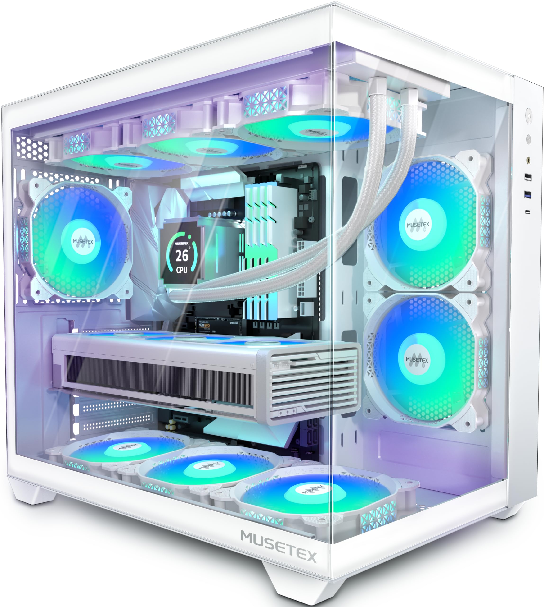 MUSETEX ATX Mid Tower PC Case - 6 Pre-Installed PWM ARGB Fans, 360mm Radiator Support, USB Type-C Port, 270° Full View Tempered Glass, Pure White Gaming Computer Case for High-Performance Builds and RGB Showcase