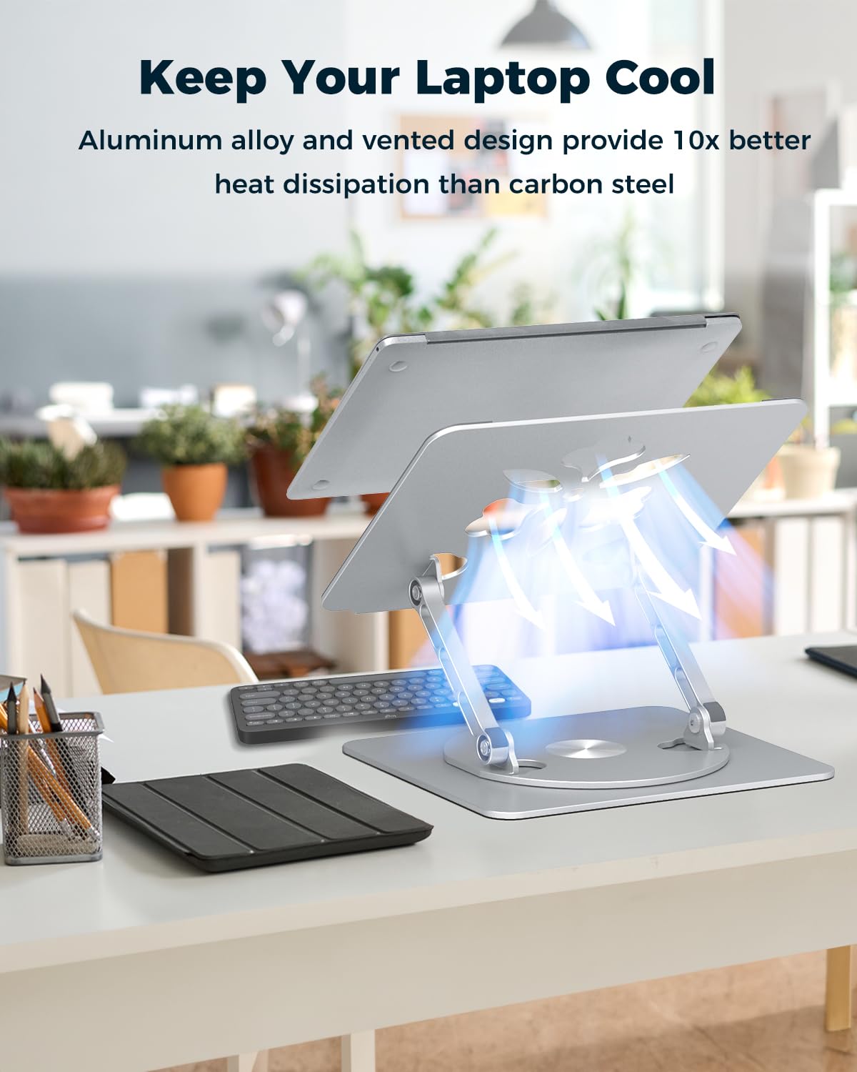 Adjustable Laptop Stand for Desk - Portable & Foldable Aluminum Laptop Riser with 360° Rotating Base, Ergonomic Computer Stand Holder for MacBook Pro/Air, Dell, HP, Lenovo Notebooks up to 15.6 Inches (Silver) - Perfect for Home Office, Workstation, Gaming & Study Setup