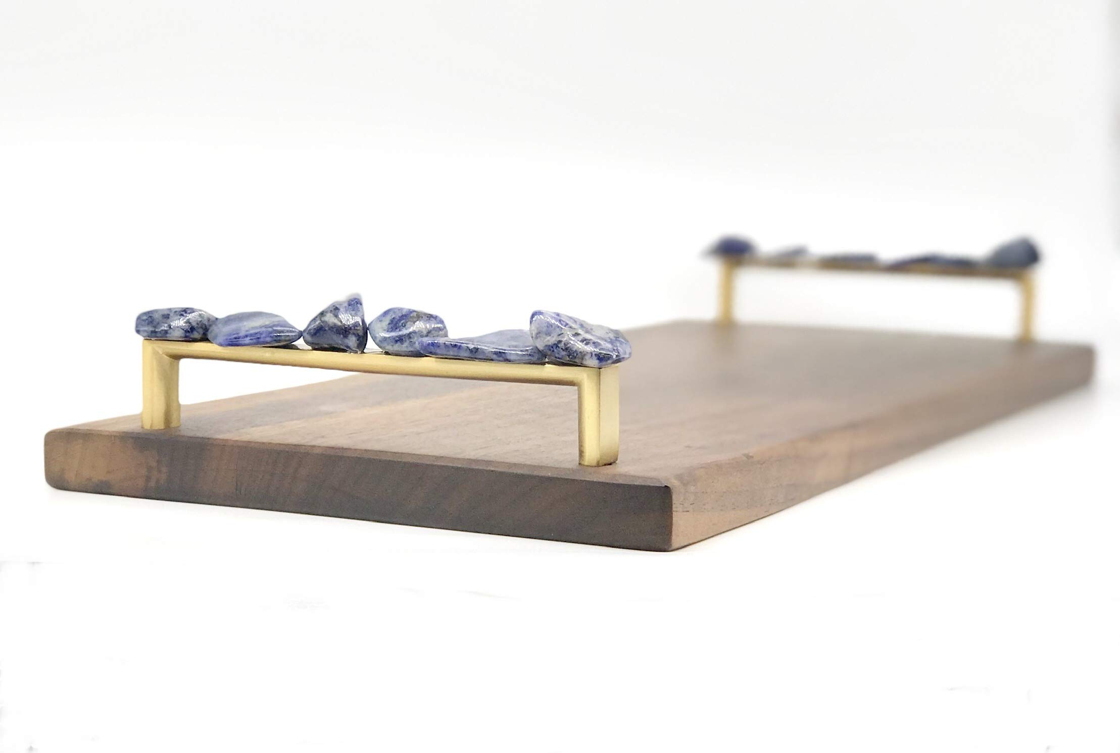 Handcrafted Solid Walnut Wood Serving Tray with Blue Sodalite Gemstone Handles - Cheese Board, Charcuterie Platter for Entertaining, Wedding Gifts & Home Decor