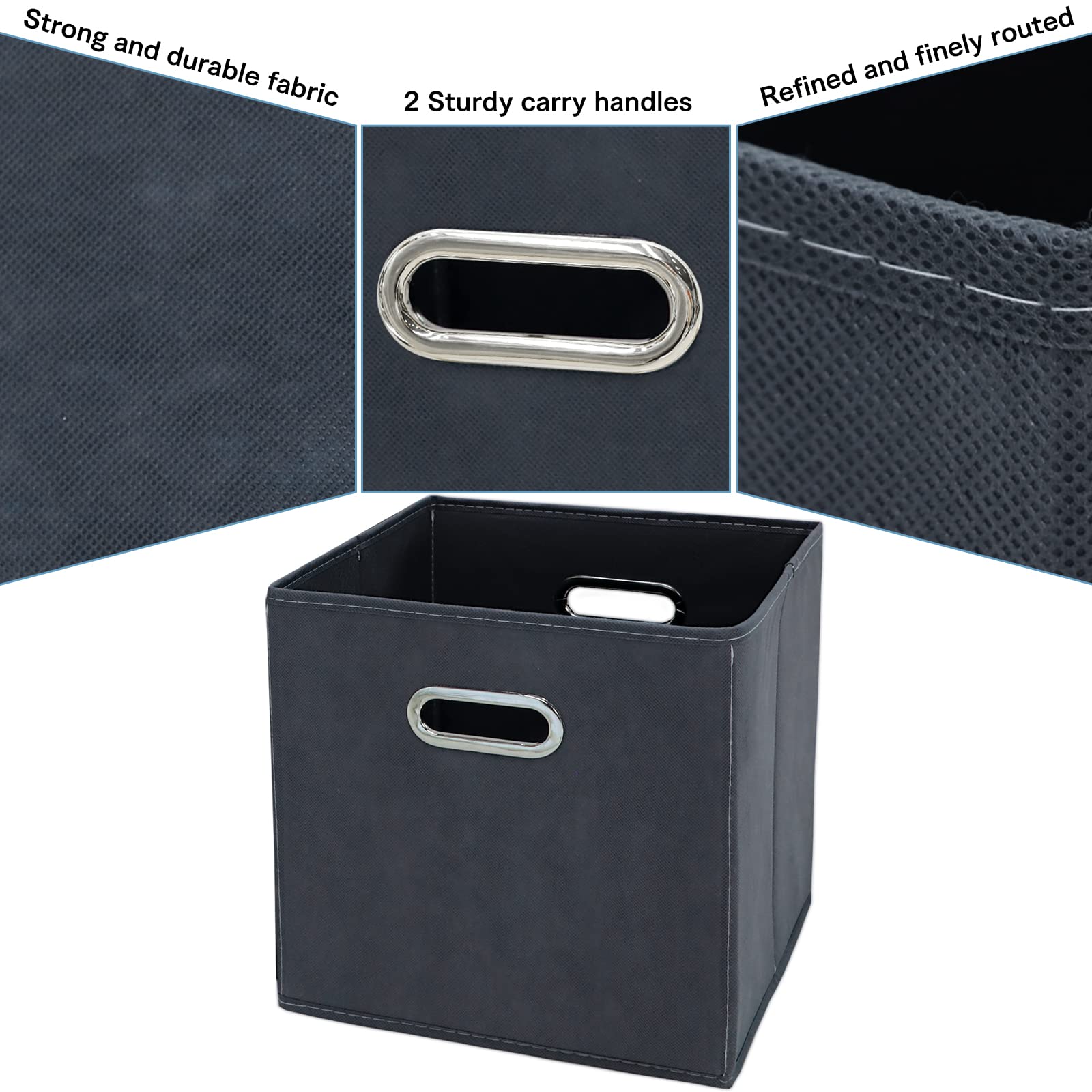 Black Fabric Cubby Storage Bins - 13x13x13 Inches Foldable Cube Organizer with Dual Handles - Set of 3 Grey Collapsible Storage Baskets for Closet, Nursery & Home Organization