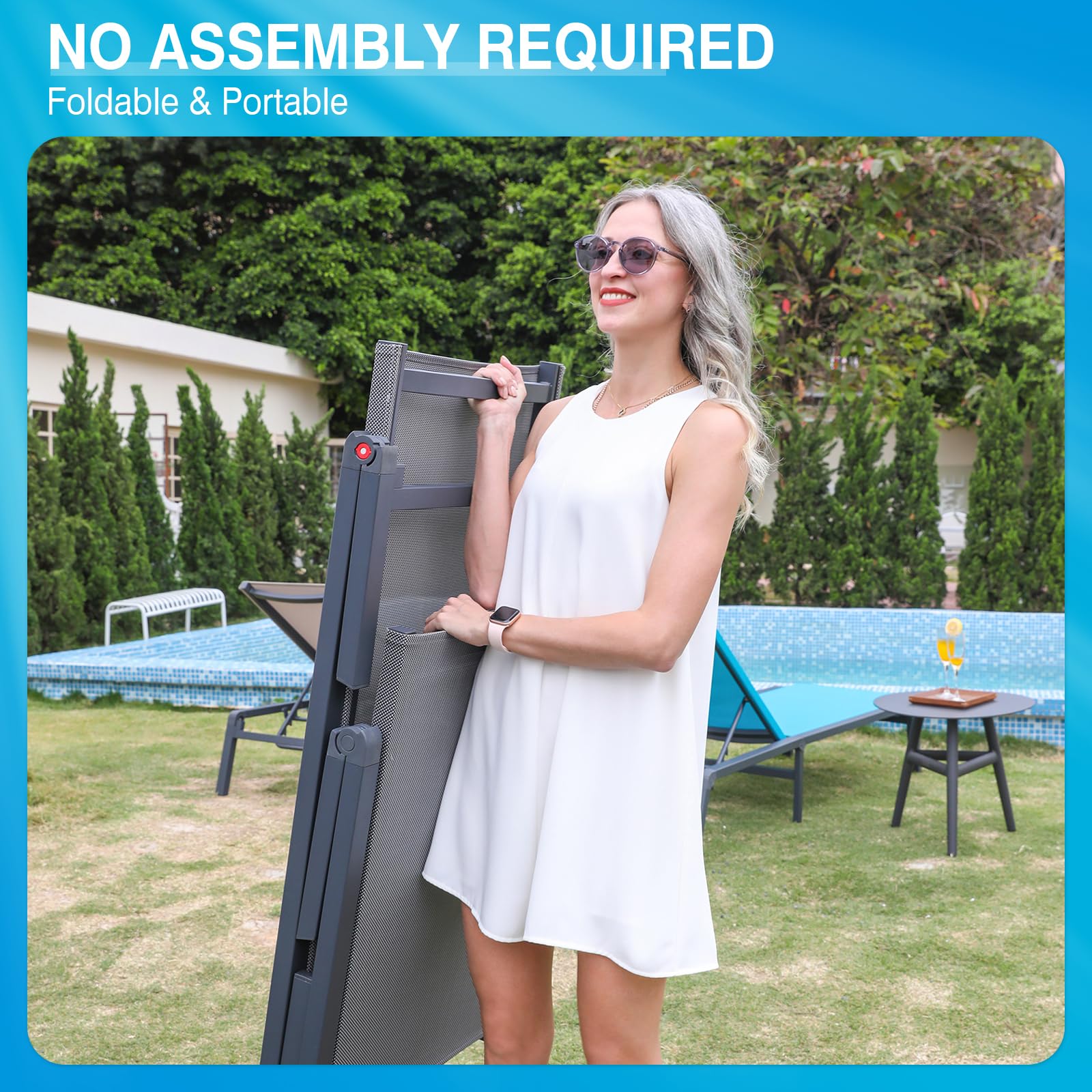 Premium Aluminum Foldable Chaise Lounge Chair - 2 Pack Adjustable Patio Poolside Beach Chair, No Assembly Required - Perfect for Outdoor Relaxation by Pool, Beach, Garden & Backyard