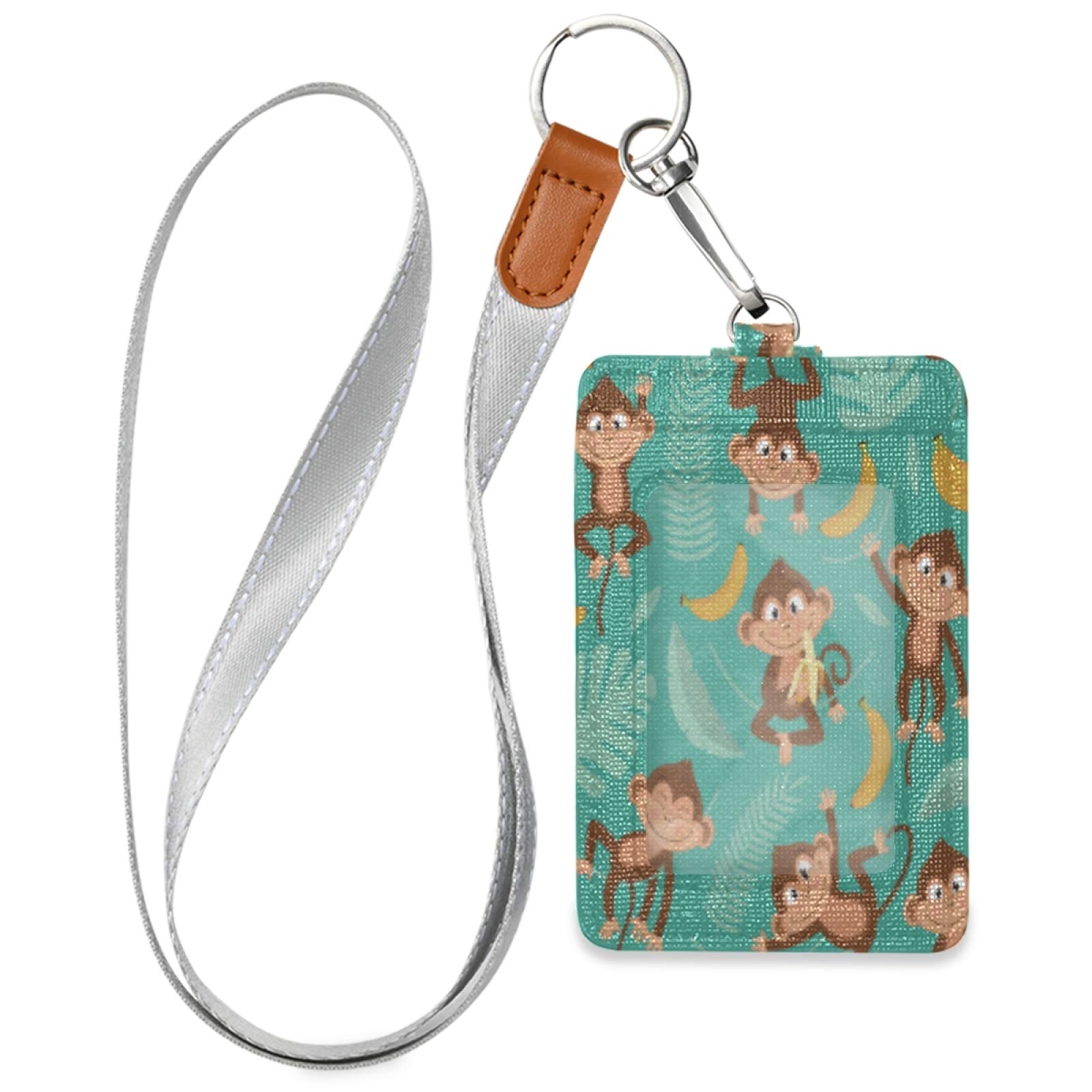 Tropical Monkey Banana Leaves ID Badge Holder with Lanyard - Detachable Keychain PU Leather Vertical ID Card Case for Women, Men, Teachers, Office Workers & Students - Perfect for Work, School, Events & Travel