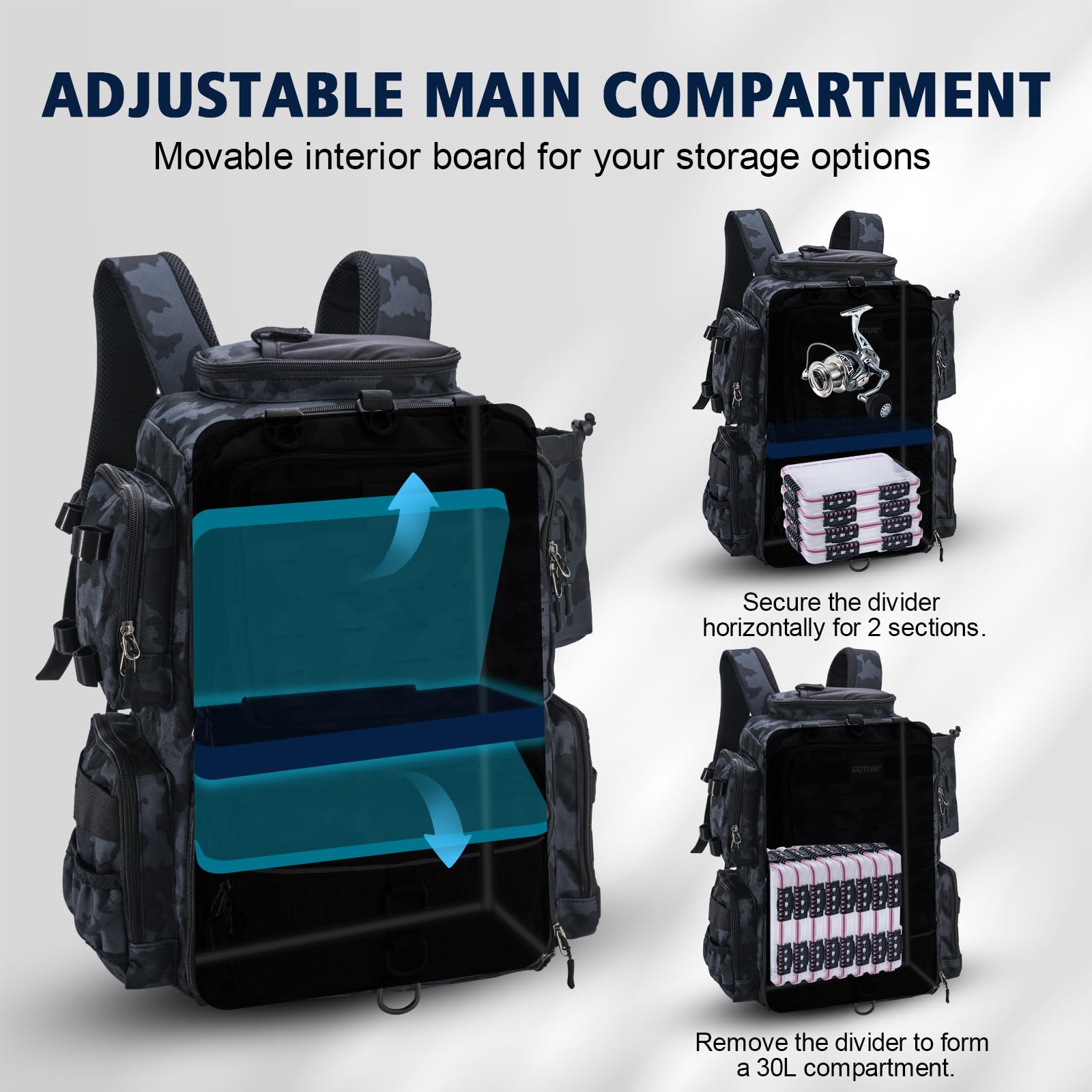 Goture 45L 600D Fishing Backpack with 4 Tackle Boxes & Rod Holders - Large Waterproof Fishing Gear Storage Bag with 8 Lure Pockets & Rain Cover - Perfect for Camping, Hiking, Bass Fishing & Outdoor Adventures