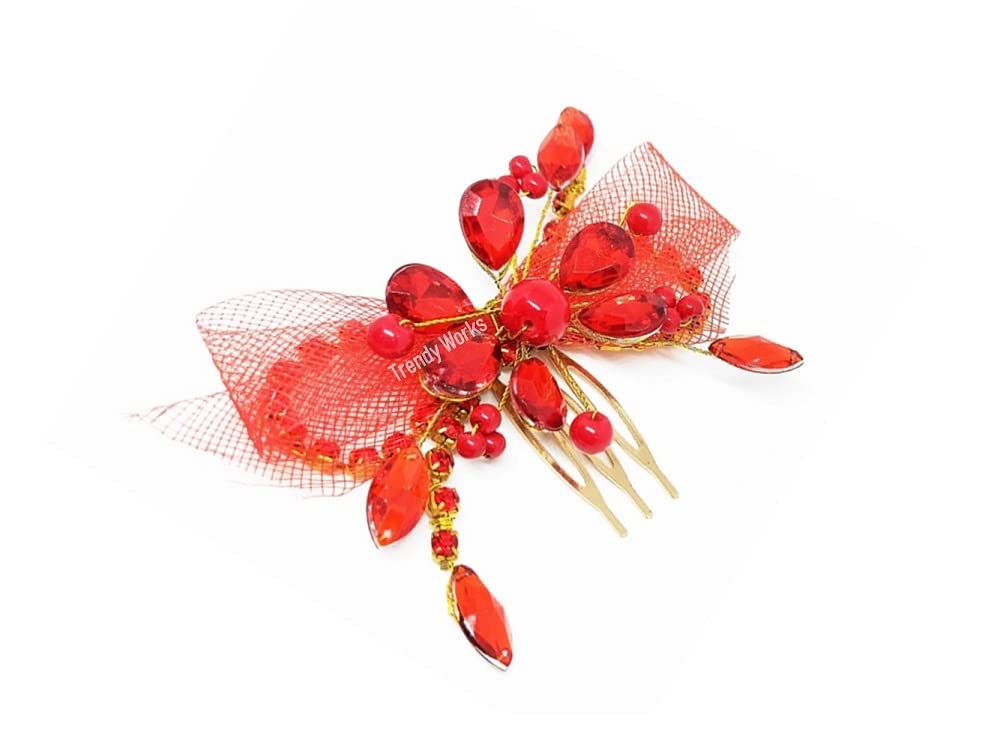 Trendy Rhinestone Hair Side Comb - Elegant Juda Comb Hair Clip for Women & Girls (Red) | Perfect for Weddings, Parties & Everyday Hairstyles