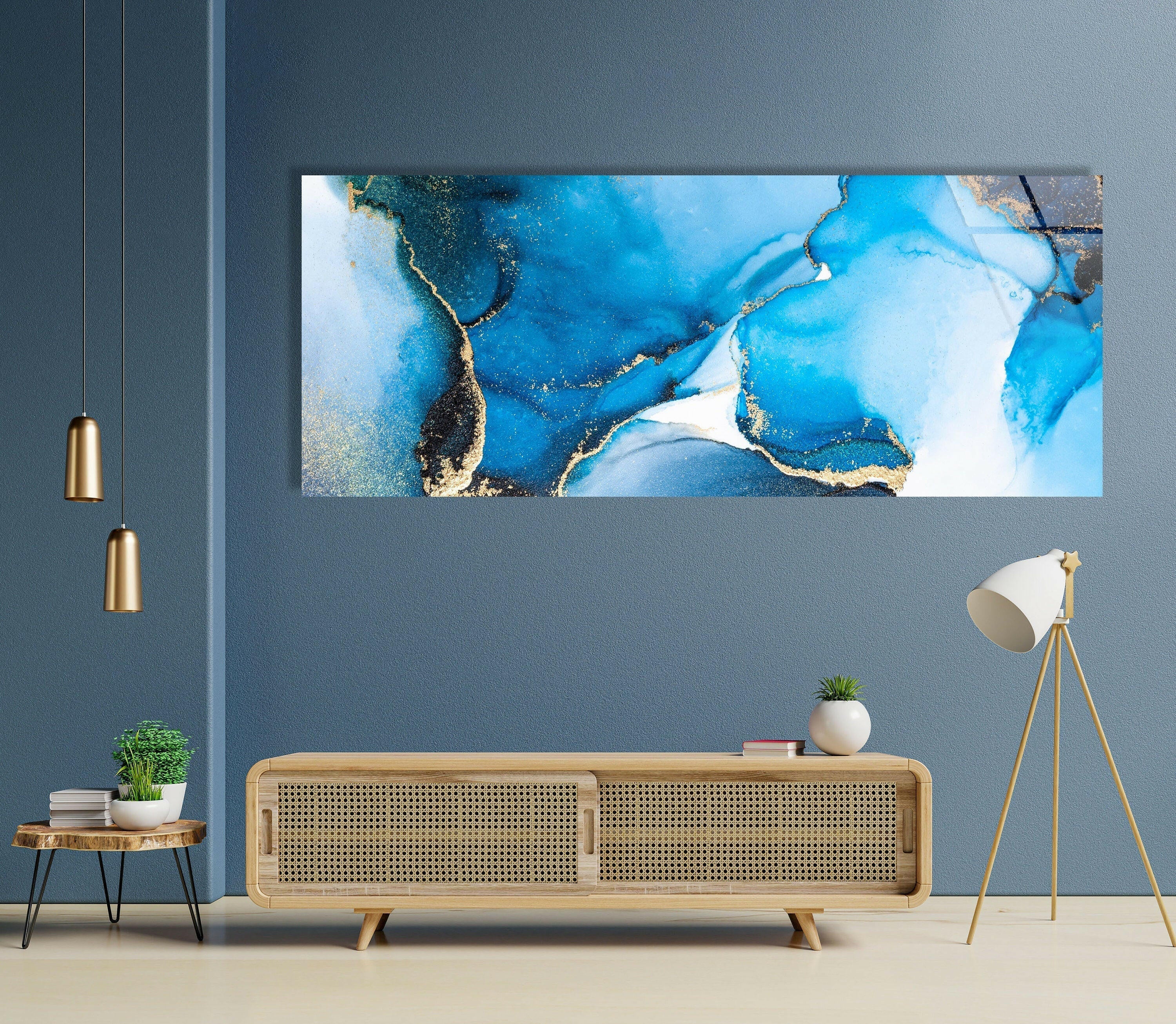 Blue Marbled Alcohol Ink Abstract Glass Wall Art - Handmade Modern Home Decor for Living Room, Bedroom, Office | Unique Gift Idea for Housewarming & Wedding