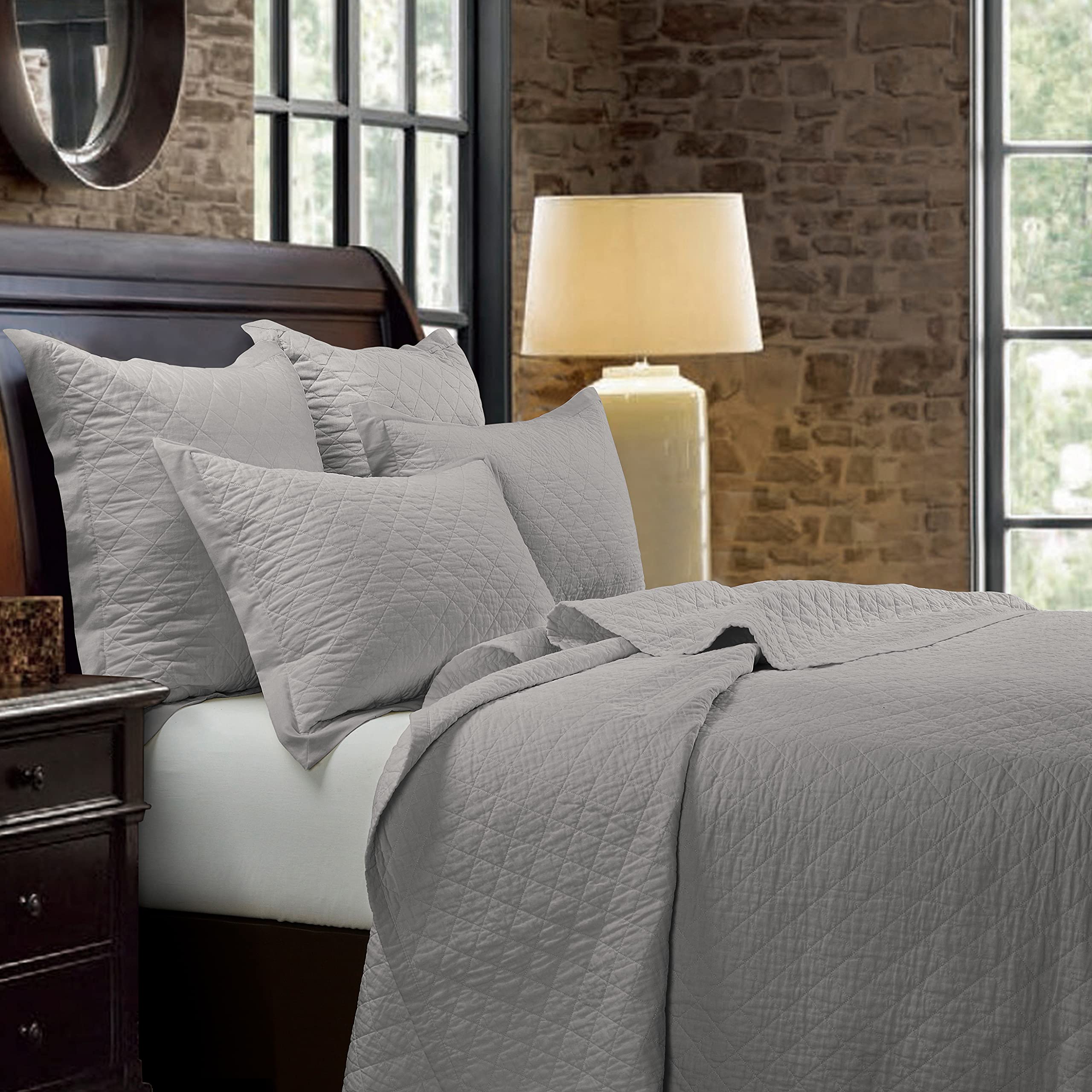 Premium Linen Cotton Diamond 3-Piece Quilt Set with Pillow Shams - King Size Gray Solid Luxury Bedding | Classic Traditional Rustic Style | Perfect for Master Bedroom, Guest Room & Cozy Farmhouse Decor