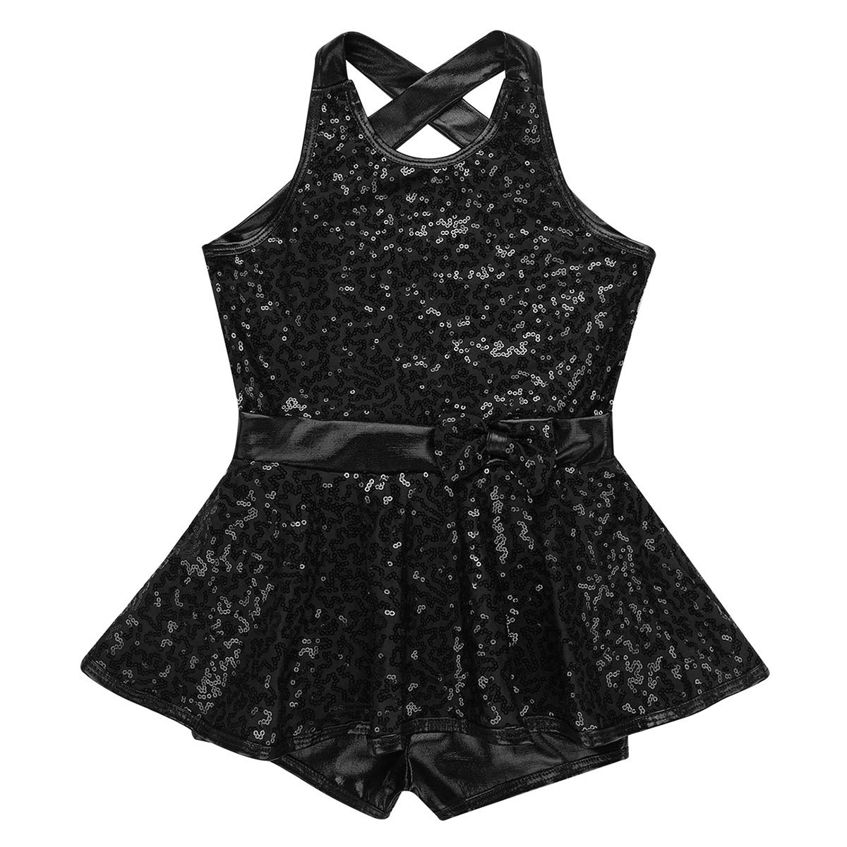 Sparkly Girls Dance Dress - Modern Jazz Latin Tap Leotard with PU Leather Ruffled Peplum for Kids Performance & Competition | Perfect for Recitals, Ballet Shows & Dance Classes