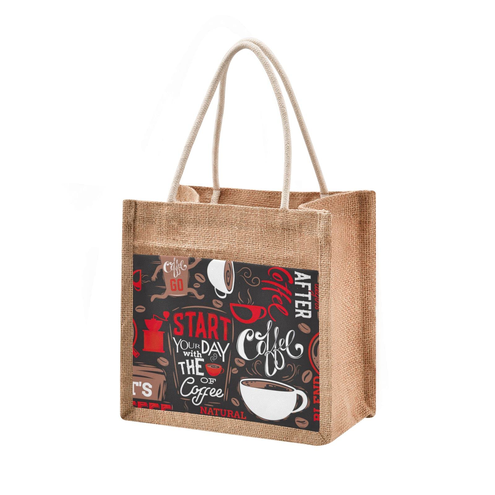 Linqin Coffee Pattern Jute Tote Bag - Waterproof Burlap Straw Grocery Shopping Bag for Women, Eco-Friendly Reusable Beach Tote for Travel, Picnic, Market & Daily Use