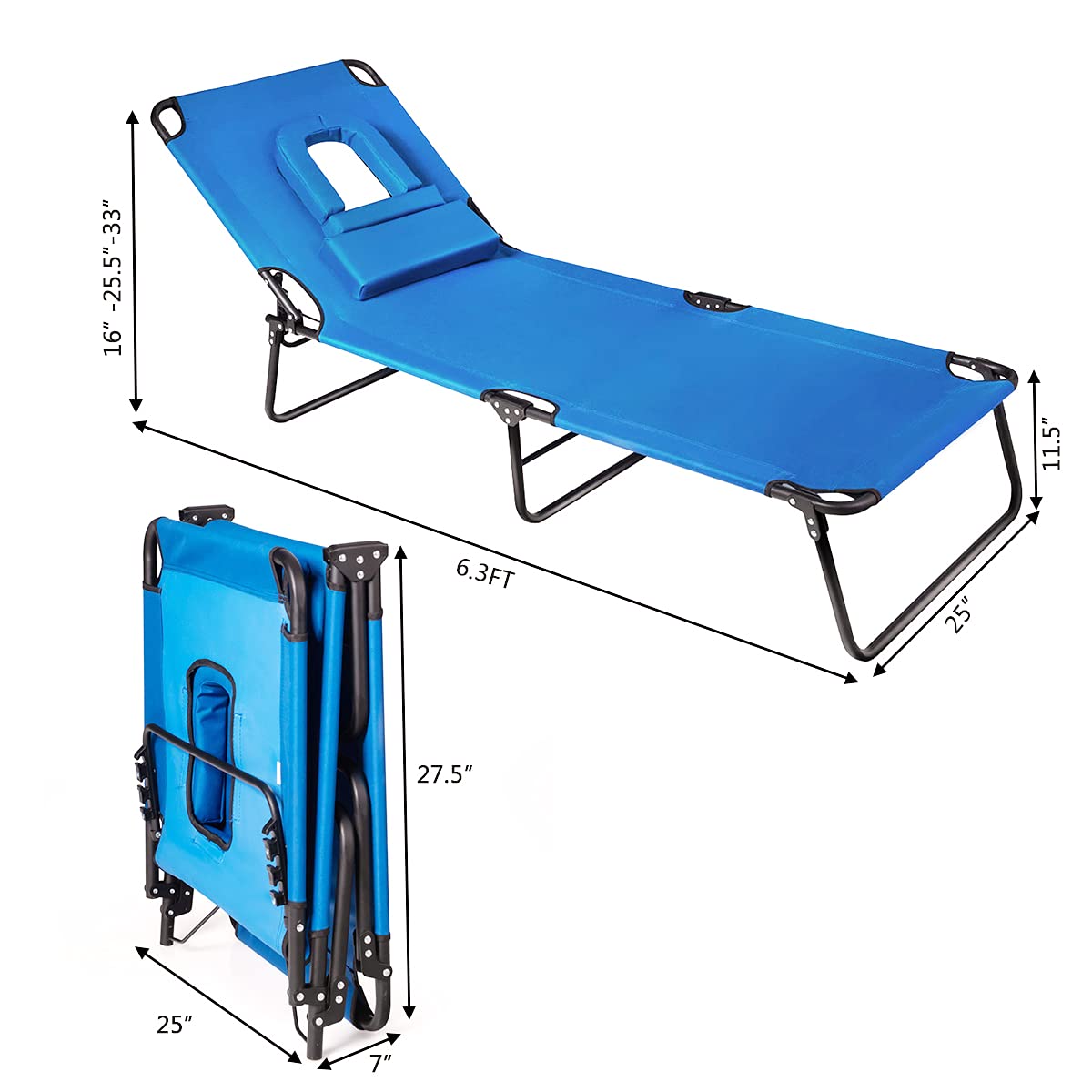 Giantex Adjustable Reclining Beach Lounge Chair with Face Hole - 3 Position Folding Patio Chaise for Sunbathing, Outdoor Relaxation, Poolside & Backyard Use - Lightweight Lawn Chair (Navy Blue)