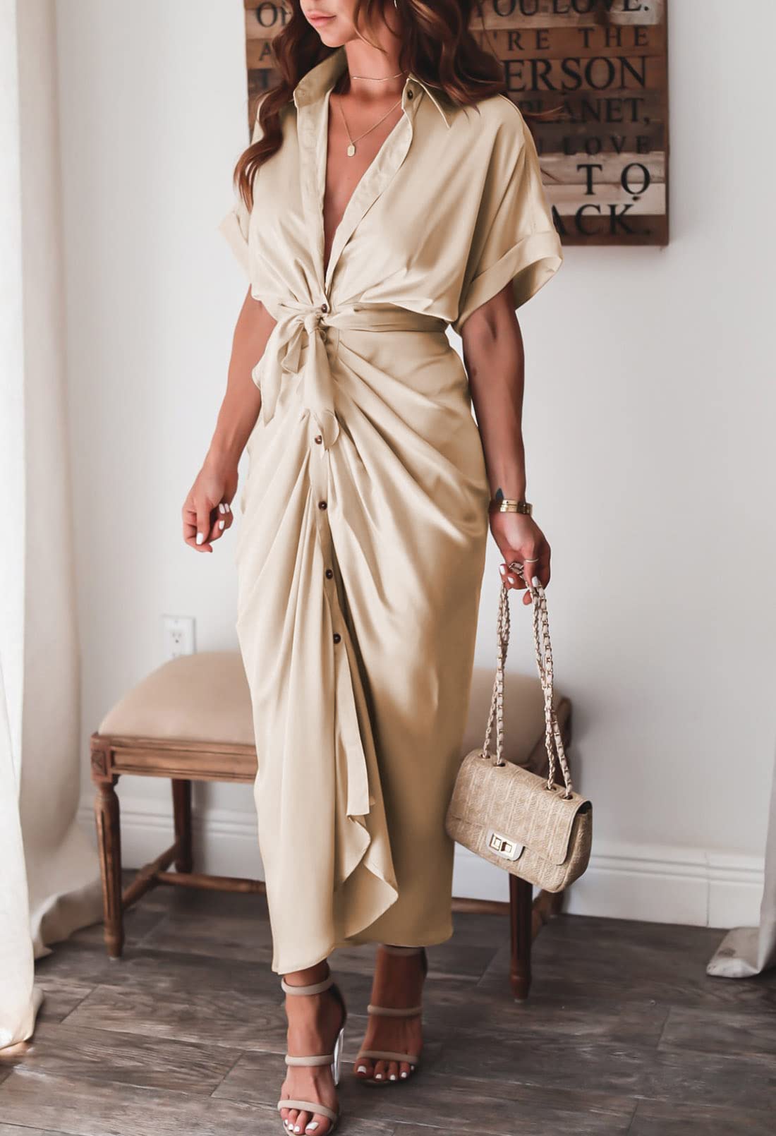 Linsery Women's Elegant Wrap Maxi Dress with Belt - Button Down Ruched Shirt Dress for Casual & Formal Occasions | Perfect for Office, Party & Wedding Events
