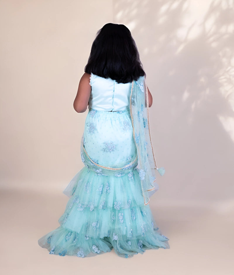Pre Order: Blue Embroidered Lehenga Saree - Elegant Indian Bridal Wear for Weddings & Festive Occasions
