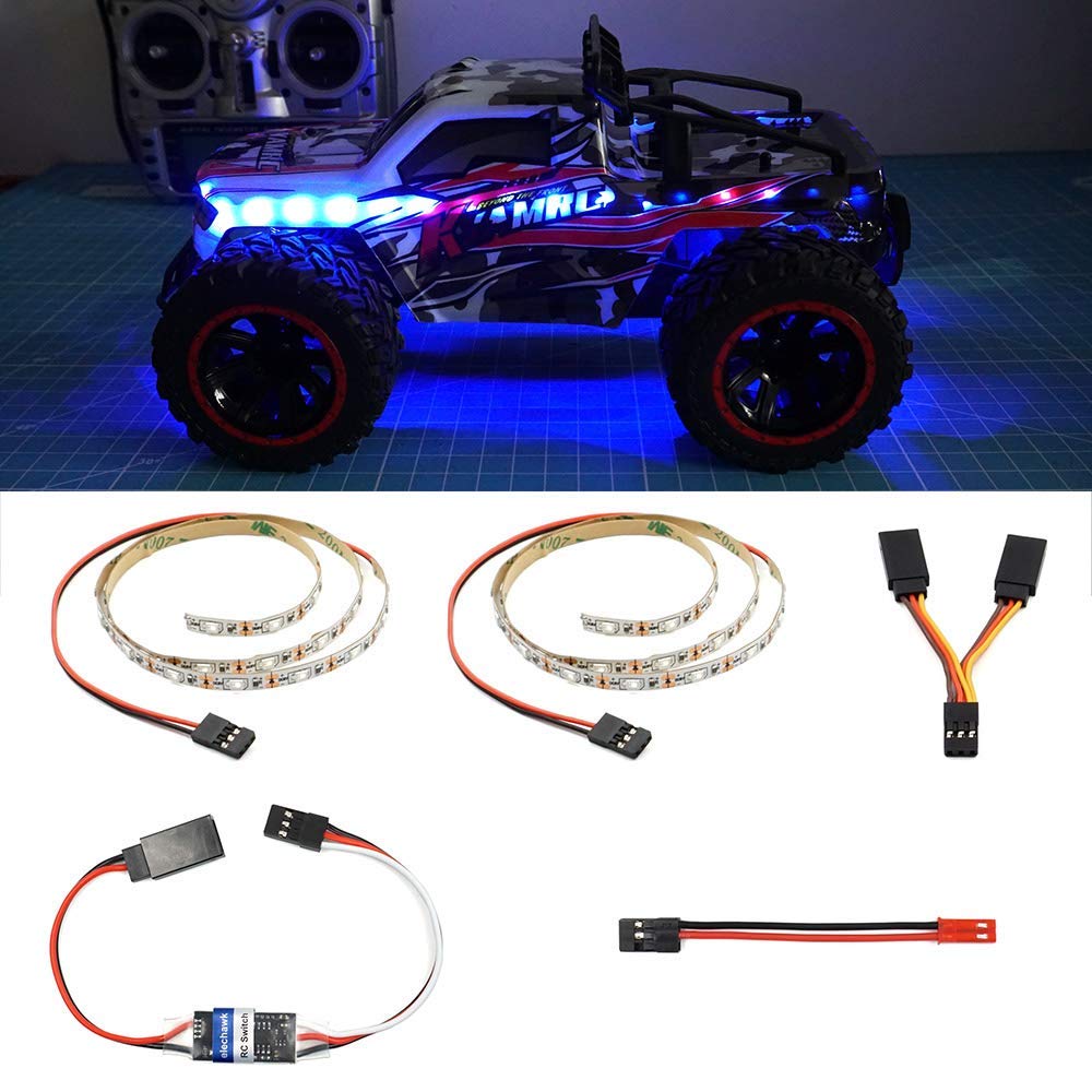 Blue LED Light Strips & Controller Switch Kit for RC Cars, Trucks, Airplanes - Compatible with Traxxas Slash, Rustler, TRX4, Axial, Tamiya, HSP - Perfect for Night Racing & Off-Road Crawling
