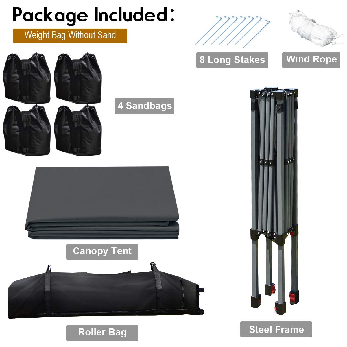 Tangkula 8x8 Ft Pop Up Canopy Tent - Portable Instant Shelter with Wheeled Carry Bag, 4 Sand Bags & 8 Stakes - Waterproof Outdoor Shade for Camping, Beach Parties, Backyard BBQs (Gray)