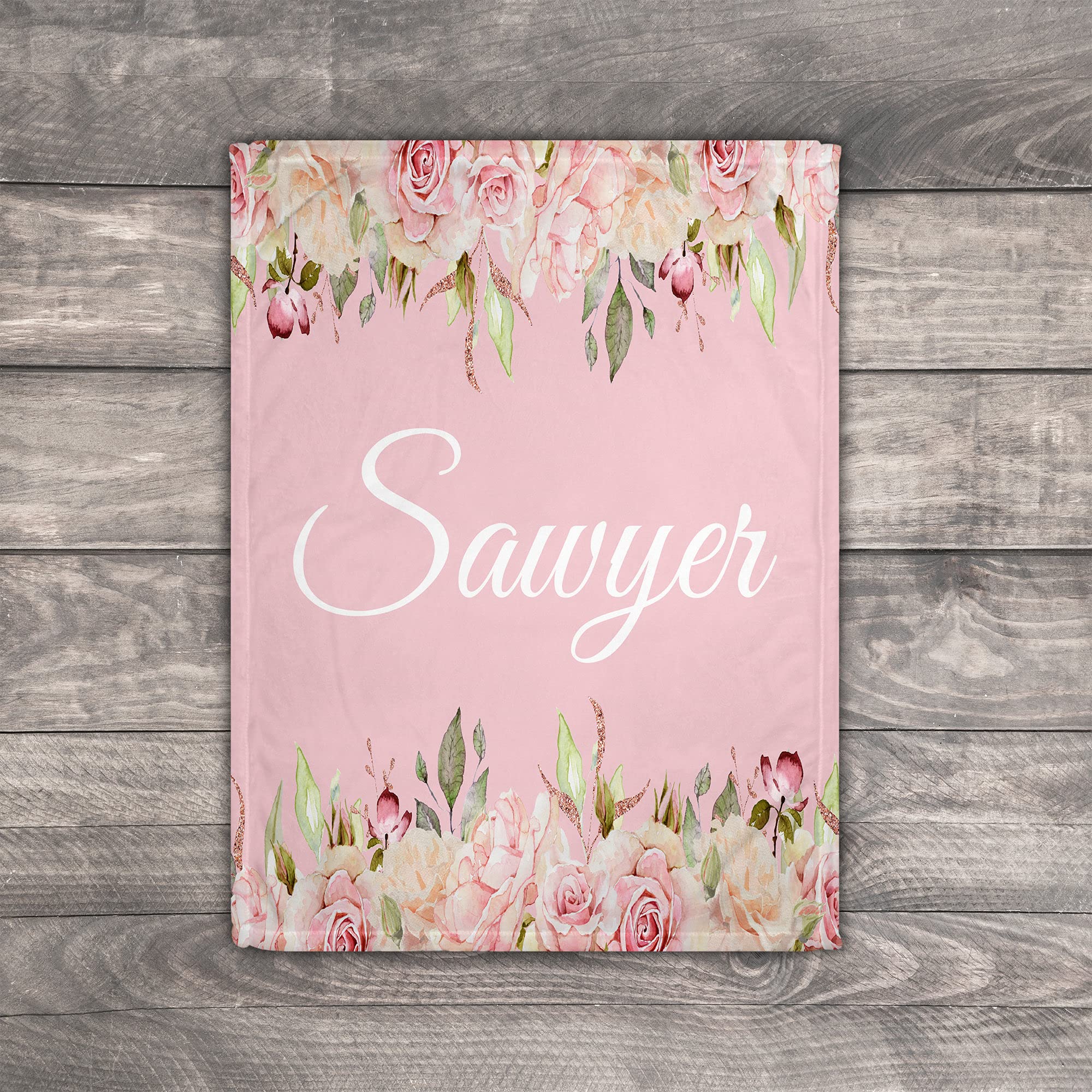 Floral Watercolor Personalized Fleece Sherpa Blanket - Custom Name Blanket for Women, Adults & Baby Girls - Soft Security Blanket for Nursery, Bedroom & Gift Giving