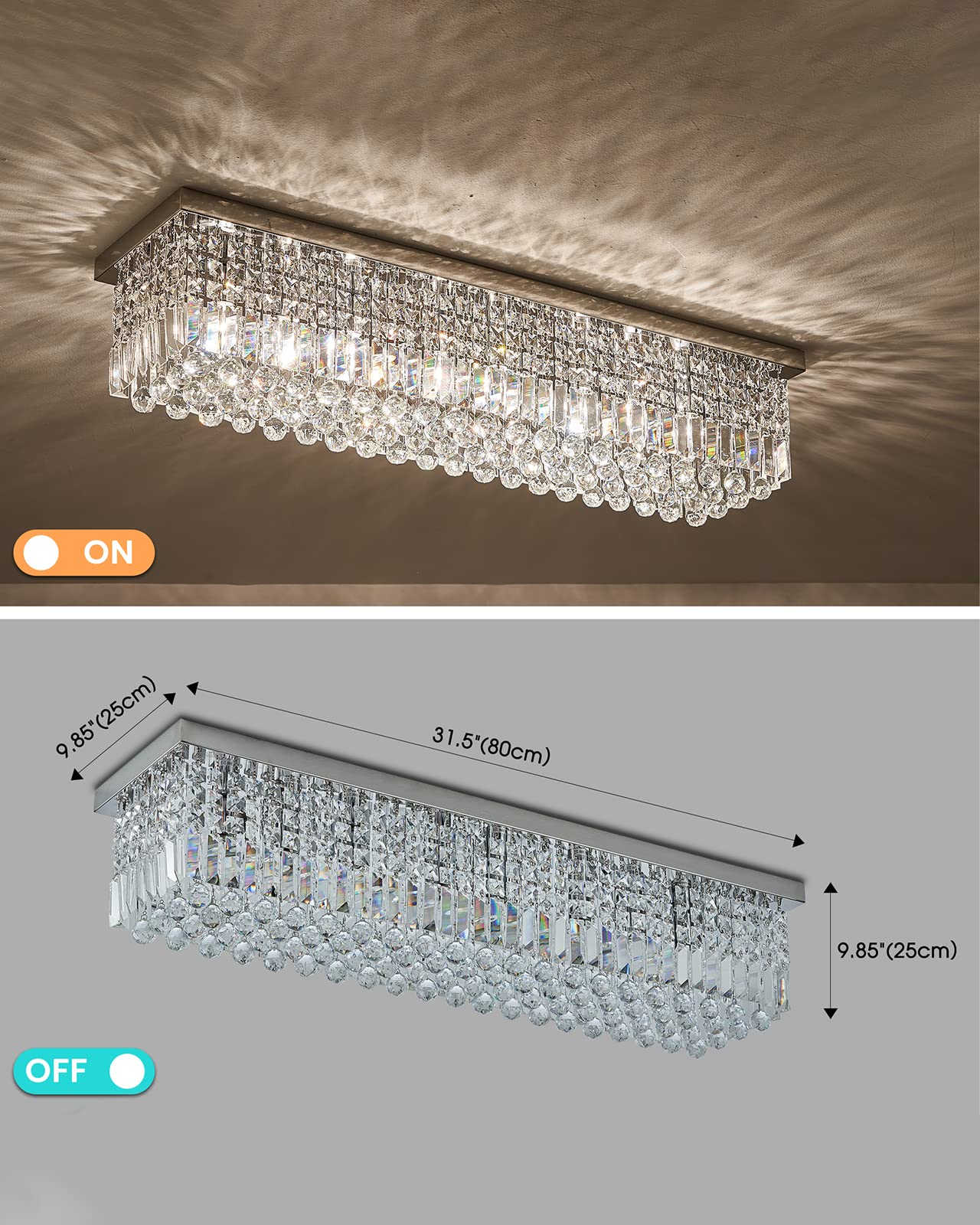 7PM Modern Rectangular Chandelier - 6-Light Flush Mount Luxury K9 Raindrop Crystal Chandelier for Dining Room, Kitchen & Living Room (31.5