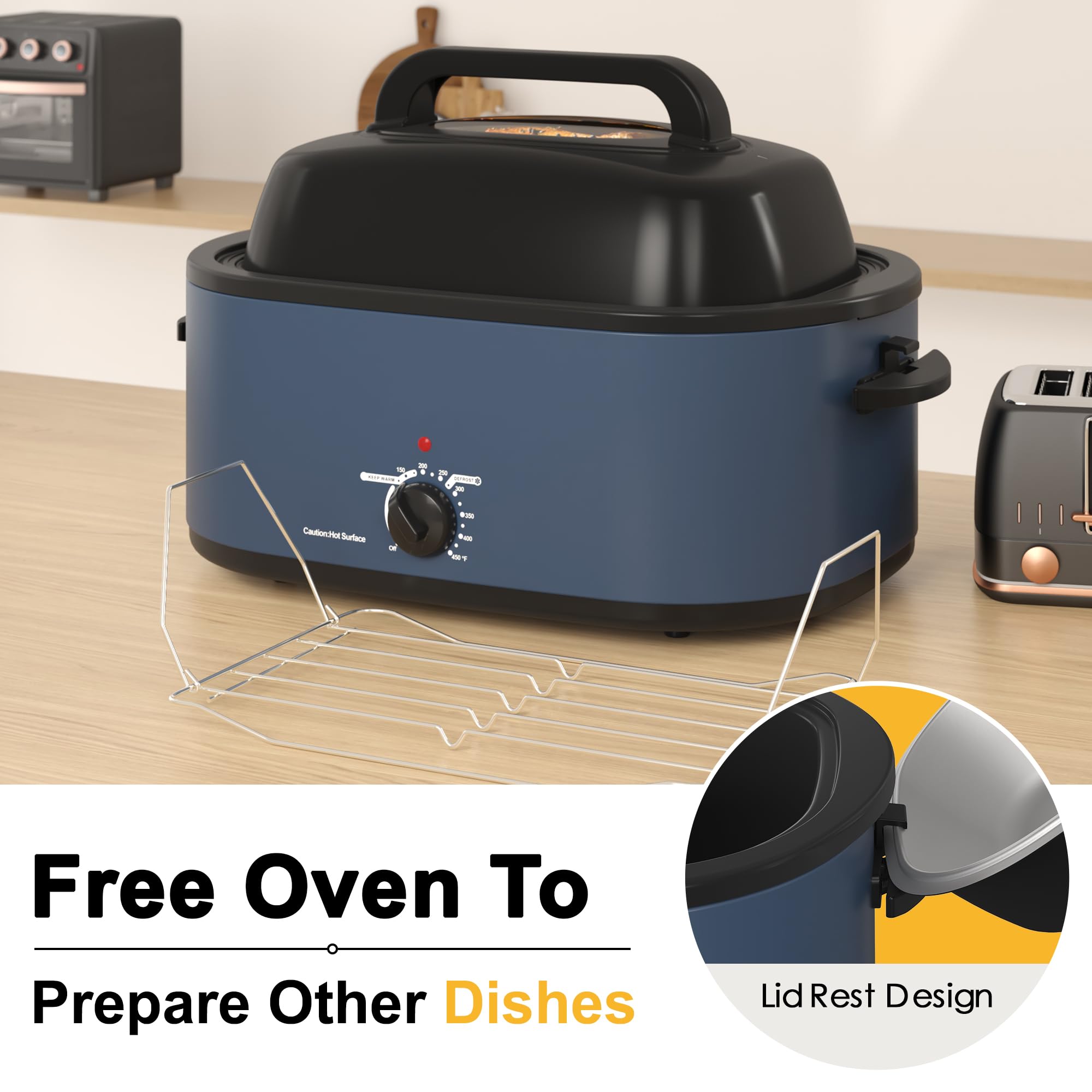 Sunvivi 24-Quart Electric Roaster Oven with Viewing Lid - 28lb Capacity Turkey Roaster with Defrost/Warm Function, Removable Pan & Rack - Stainless Steel Blue - Perfect for Thanksgiving, Holiday Cooking & Large Family Gatherings