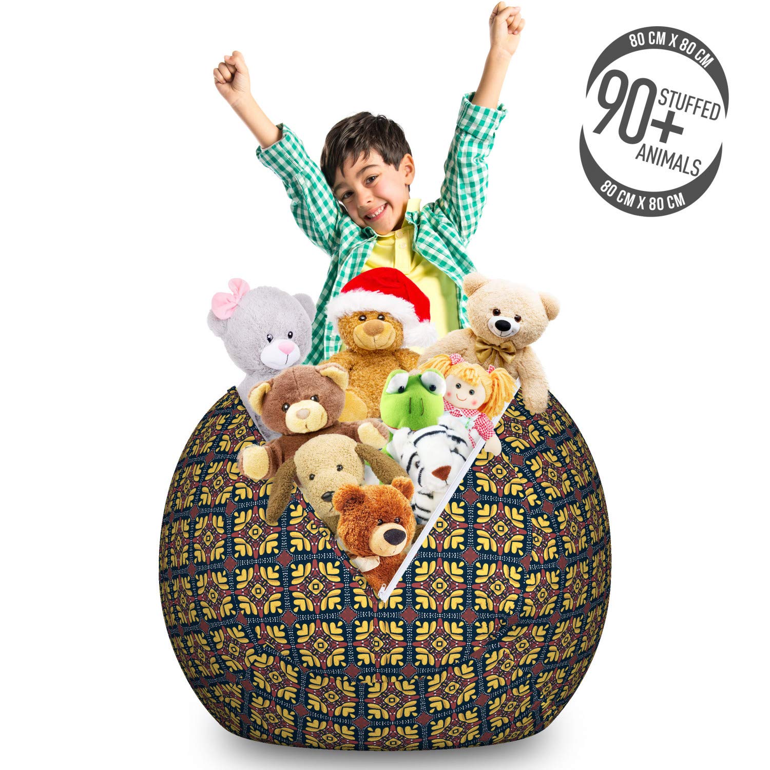 Ambesonne Retro Storage Toy Bag Chair - Large Washable Stuffed Animal Organizer with Antique Floral & Checkered Design, Art Nouveau Inspired - Perfect for Kids' Room, Nursery, Playroom & Dorm Organization