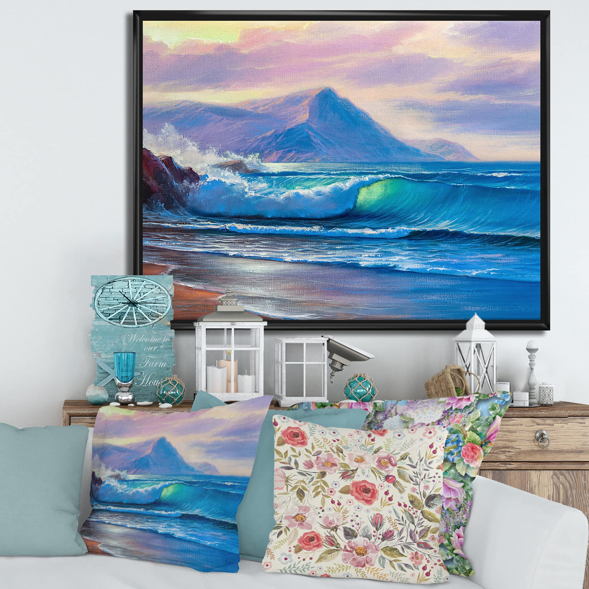 Blue Waves Breaking At The Beach Framed Canvas Wall Art - Coastal & Nautical Decor for Living Room, Bedroom, Office | DesignQ