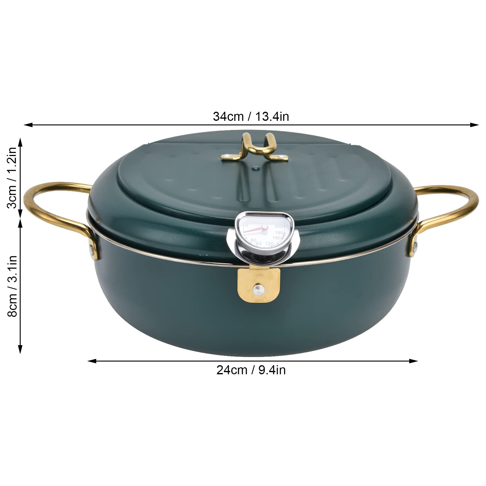 304 Stainless Steel Japanese Style Deep Fryer Pot with Thermometer - Home Tempura Fryer for French Fries, Shrimp, Chicken, Steak & More | Perfect for Restaurants, Home Kitchens & Outdoor Cooking (Black/Green)