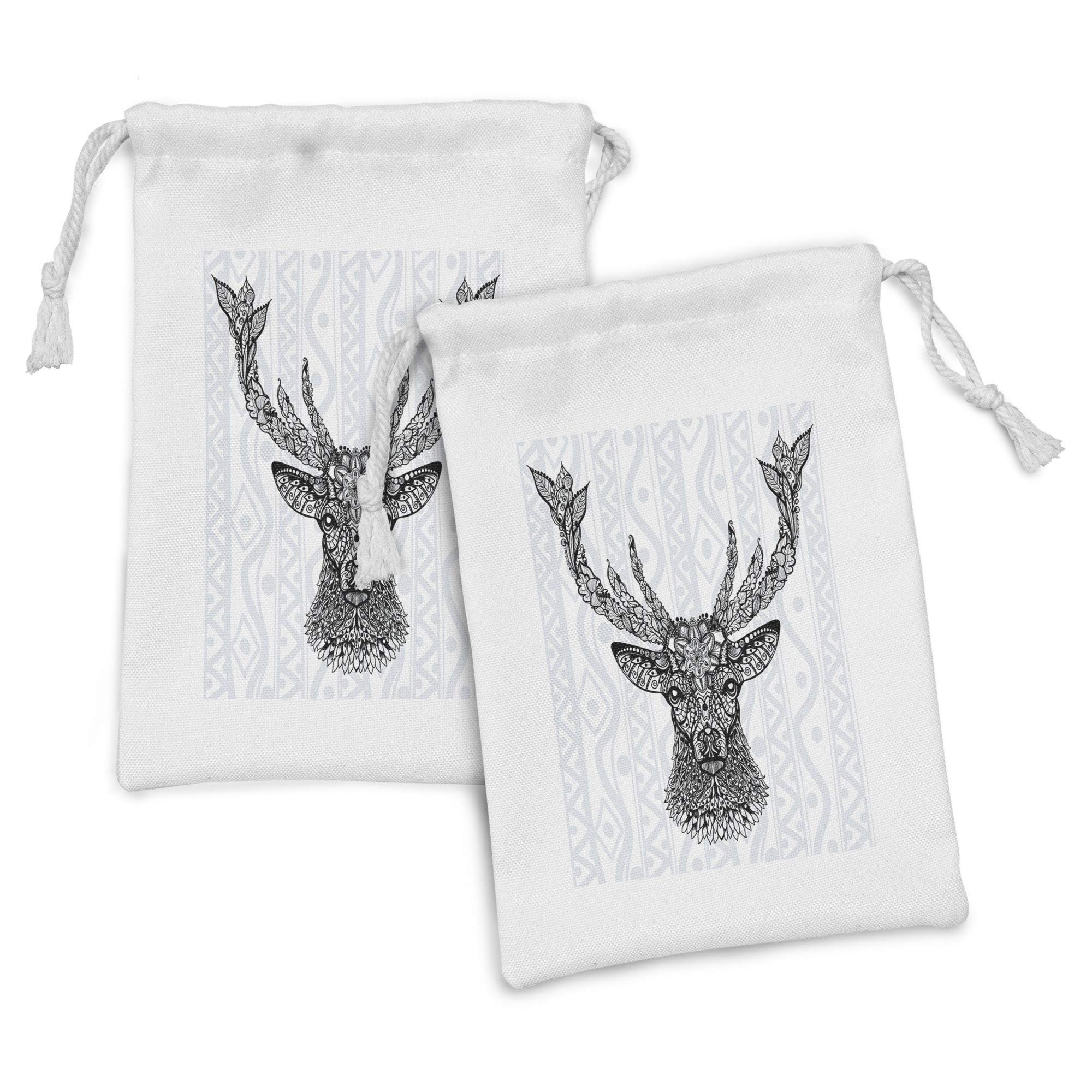 Ambesonne 2-Pack Deer Print Fabric Drawstring Pouch Set - Aboriginal Floral Polynesian Boho Design, Small 9